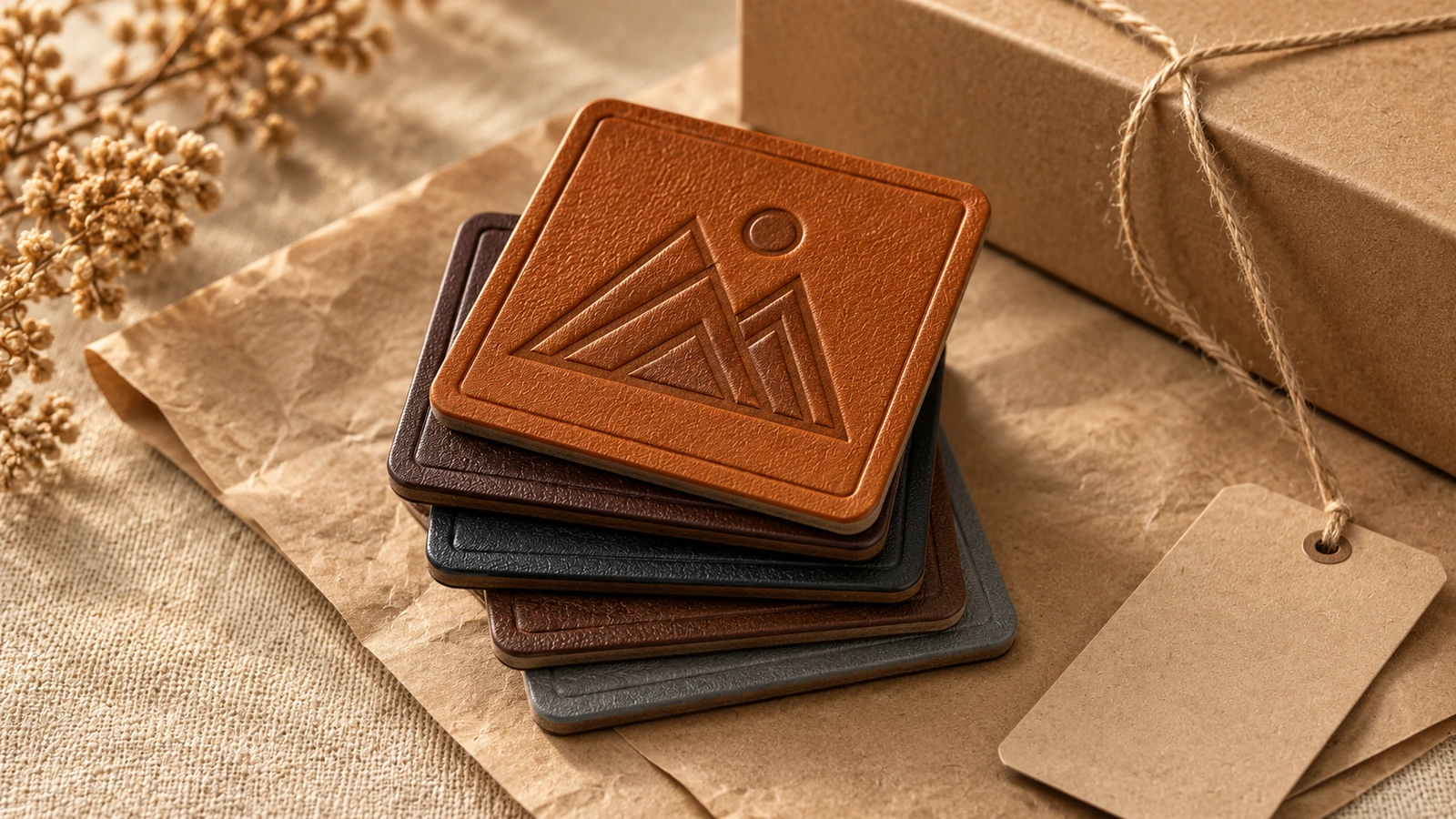 Pile d'étiquettes carrées en aspect cuir à côté d'un emballage cadeau marron