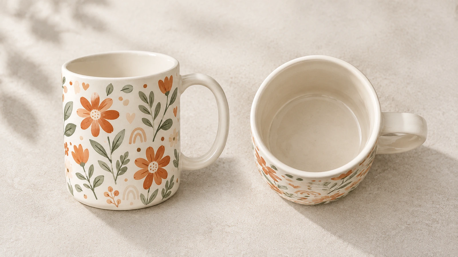 Vues extérieure et intérieure d'une tasse à motifs floraux Deux tasses en céramique à motifs floraux montrant l'extérieur décoré et l'intérieur uni