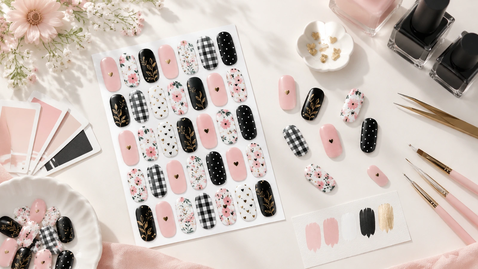 Planche de motifs pour ongles et outils de manucure Planche de motifs pour ongles avec des motifs roses, noirs, floraux et vichy, à côté de flacons de vernis et d'outils