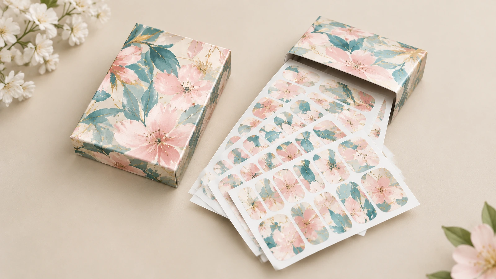 Tailles de films à ongles floraux sur feuilles support Plusieurs feuilles de films à ongles floraux présentées avec des boîtes assorties