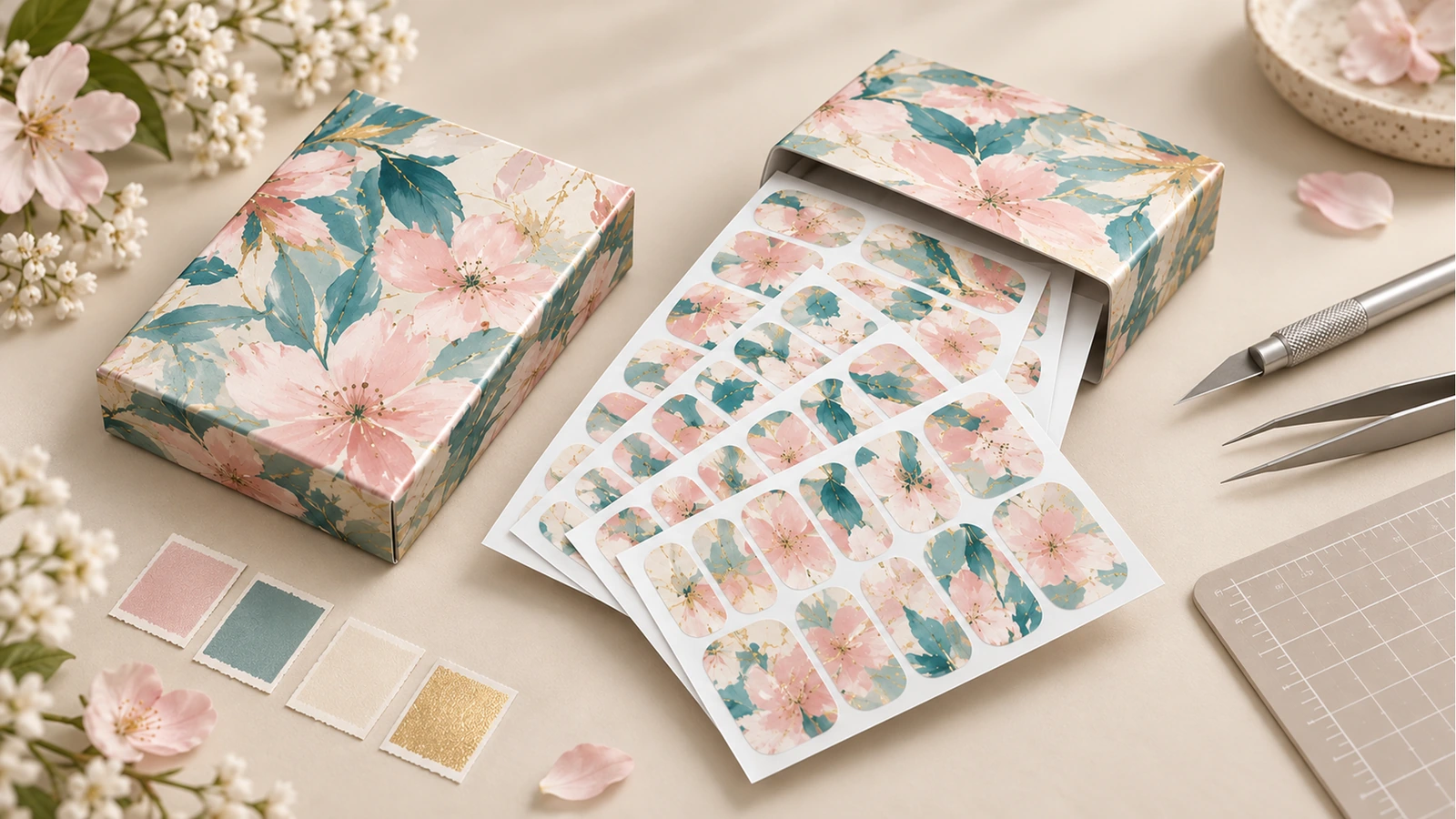 Feuilles de films à ongles floraux et emballages Feuilles de films à ongles floraux sortant de boîtes imprimées assorties, à côté de nuanciers et d'outils