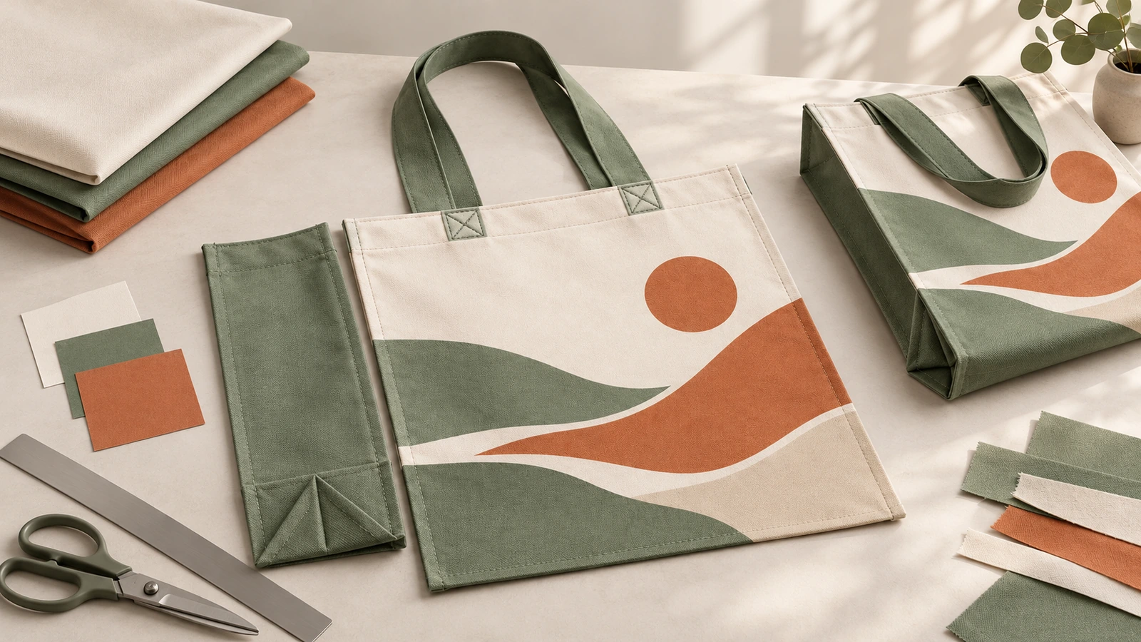 Cabas crème, vert et orange à motif paysage, avec échantillons de tissu et ciseaux