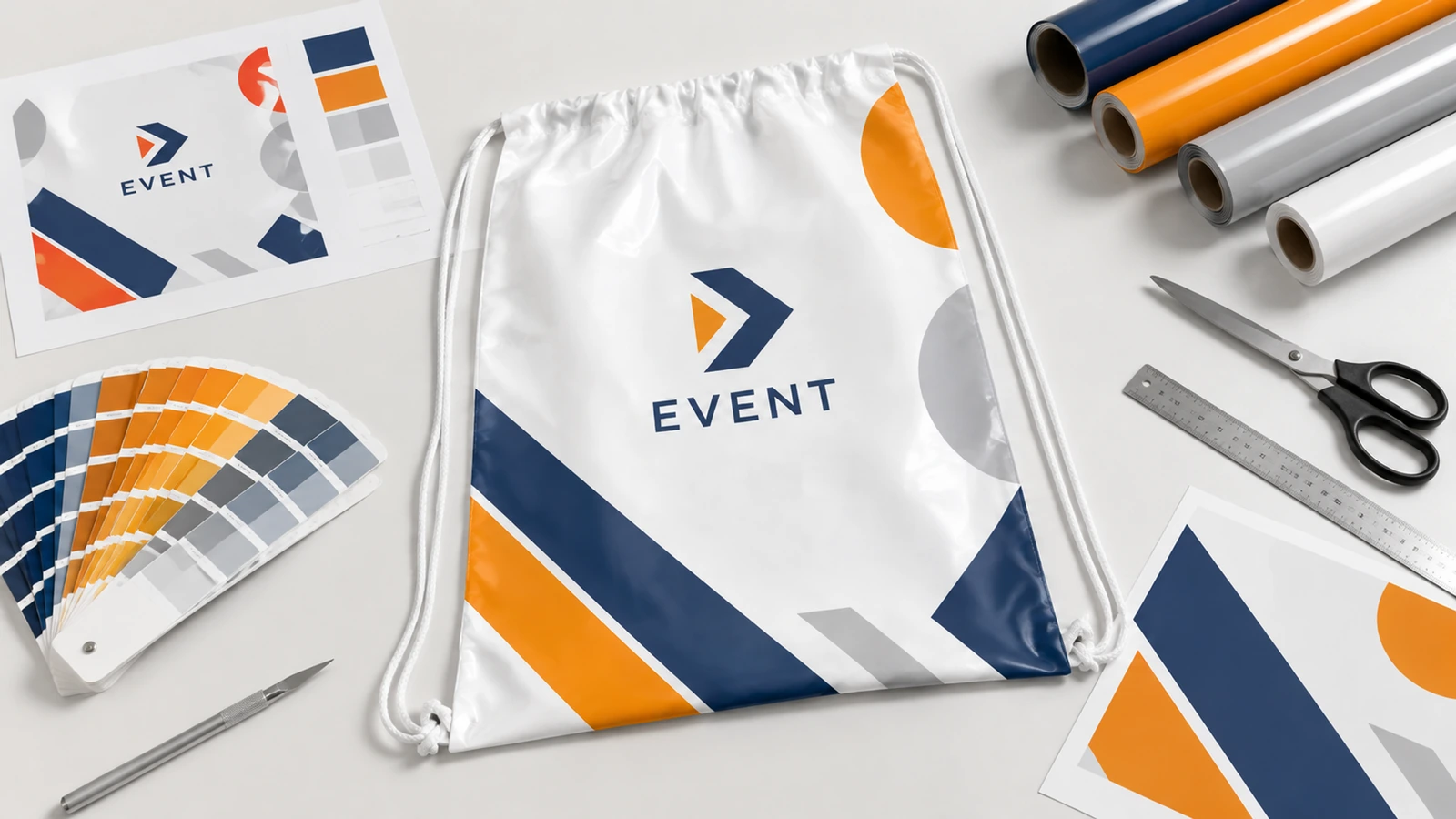 Sac à cordon coulissant blanc avec visuel d'événement bleu, orange et gris, à côté de nuanciers, de feuilles imprimées et de rouleaux