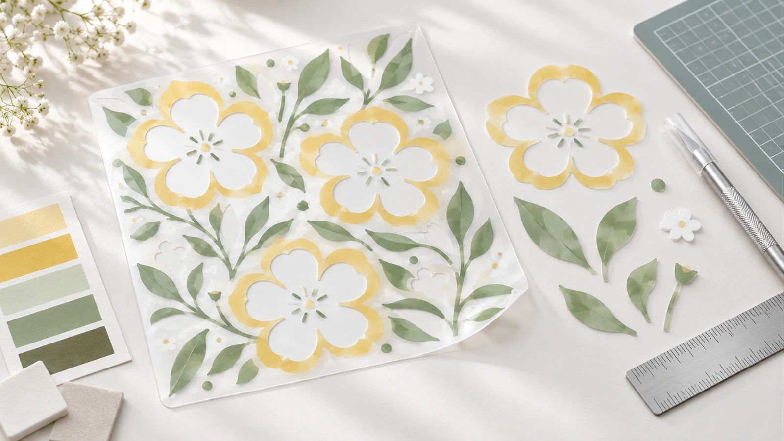 Visuel de pochoir floral jaune et vert avec une règle, un tapis de découpe, un cutter et des échantillons de couleur