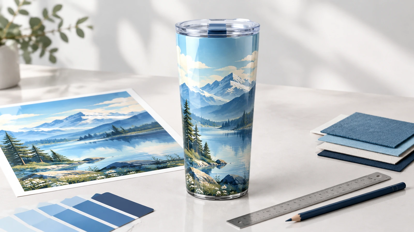 Gobelet en plastique au motif montagne à côté d'une feuille de dessin, d'échantillons bleus, d'une règle et de carnets