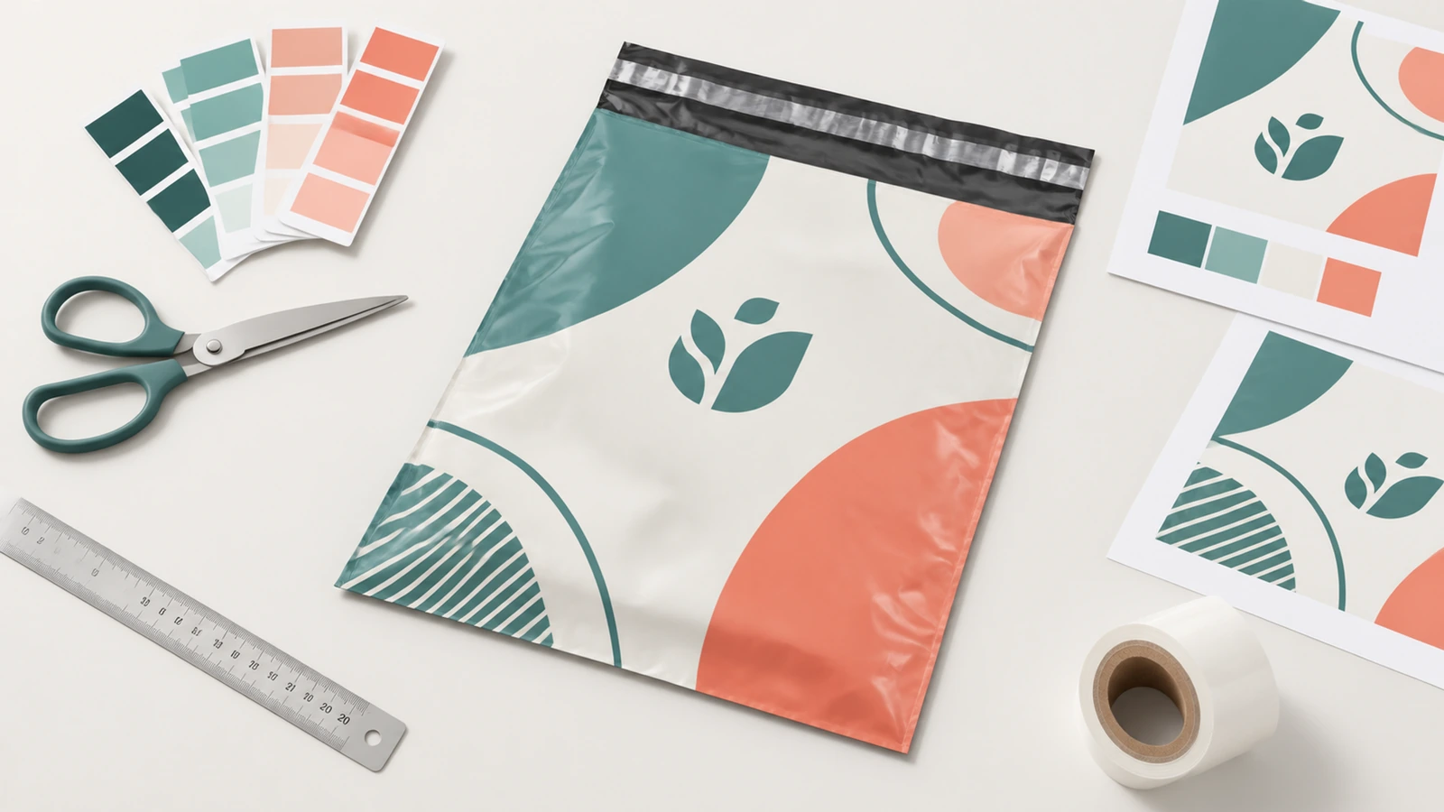 Illustration d'un emballage d'expédition imprimé en vert, crème et corail, à côté de nuanciers de couleurs, de feuilles de visuels et d'outils