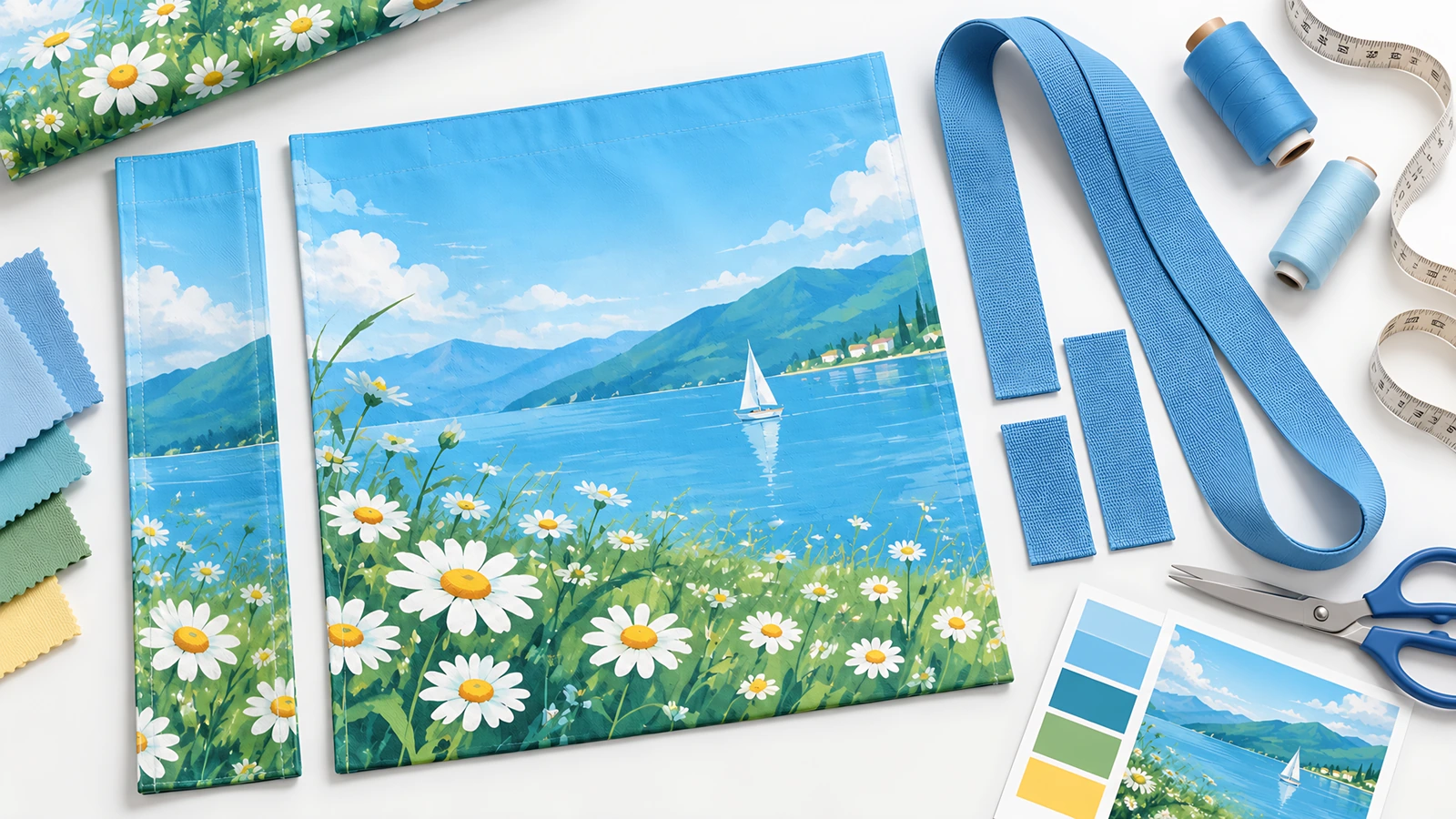 Panneaux de sac fourre-tout imprimés lake-and-daisy, anses bleues et outils de couture disposés sur une table