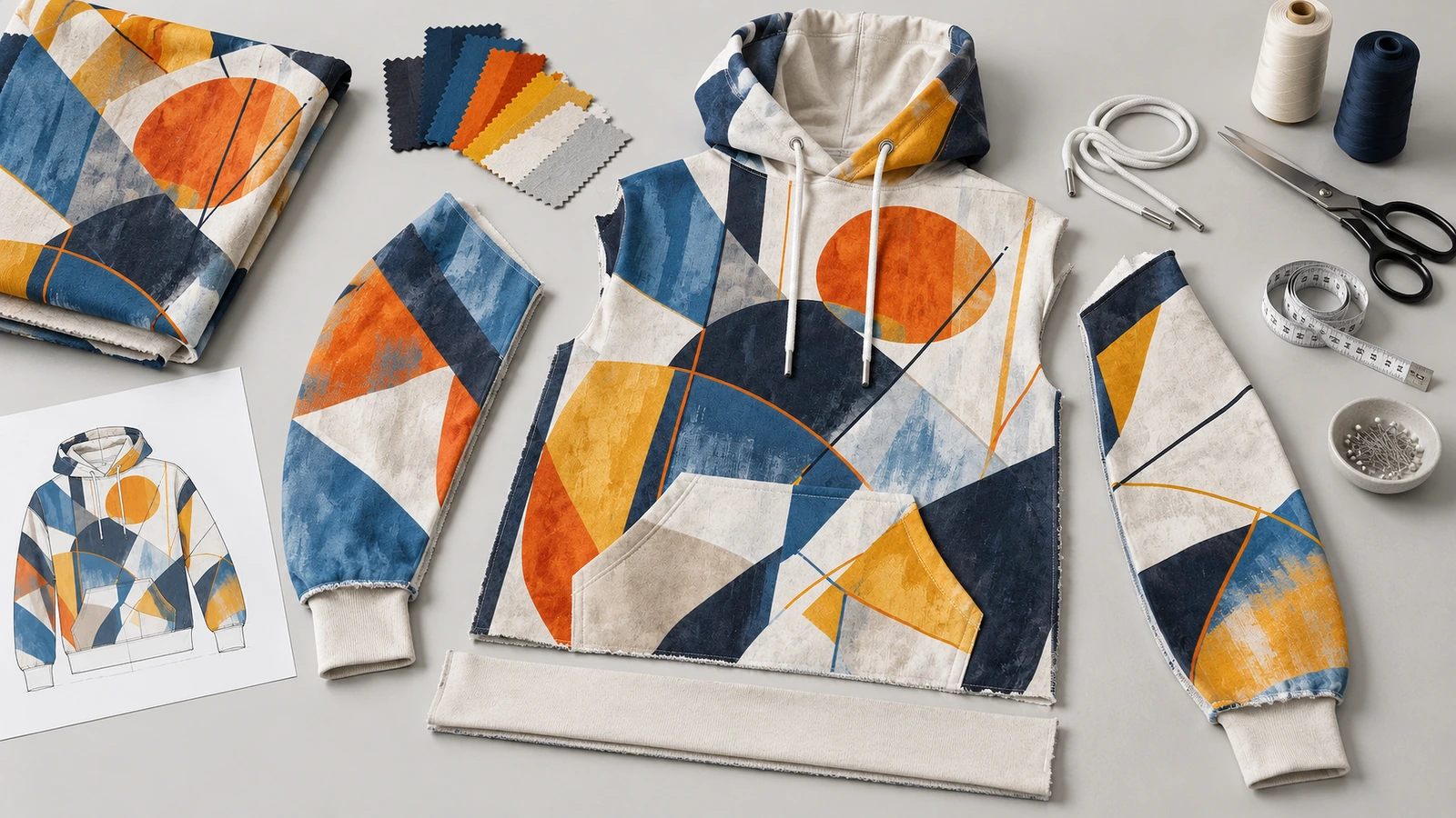 Sweat à capuche enfilable à motif géométrique, avec des pièces de tissu assorties, des échantillons de tissu, des cordons de serrage et des outils de couture
