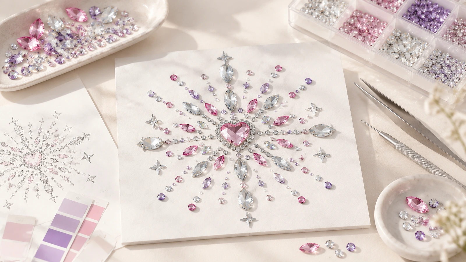 Motif en strass rose, violet et transparent avec un centre en forme de cœur sur une feuille blanche, à côté d'une esquisse de design, de nuanciers de couleurs et d'outils