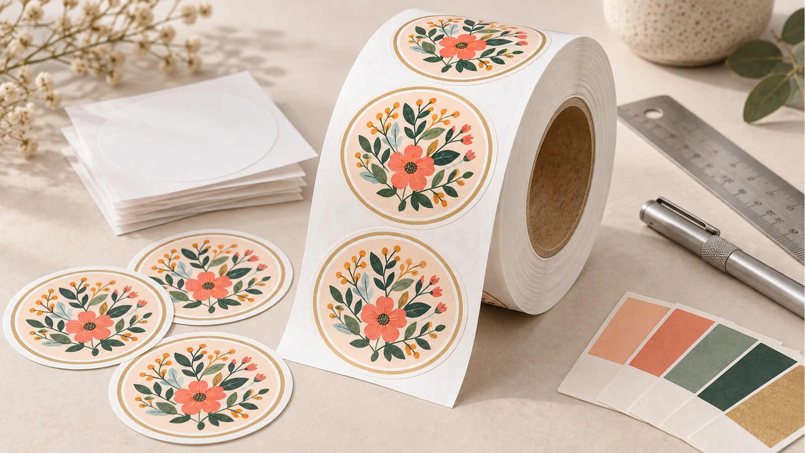 Étiquettes florales rondes en rouleau à côté d'échantillons d'étiquettes détachées, de feuilles vierges, d'une règle, d'un stylo et de nuanciers