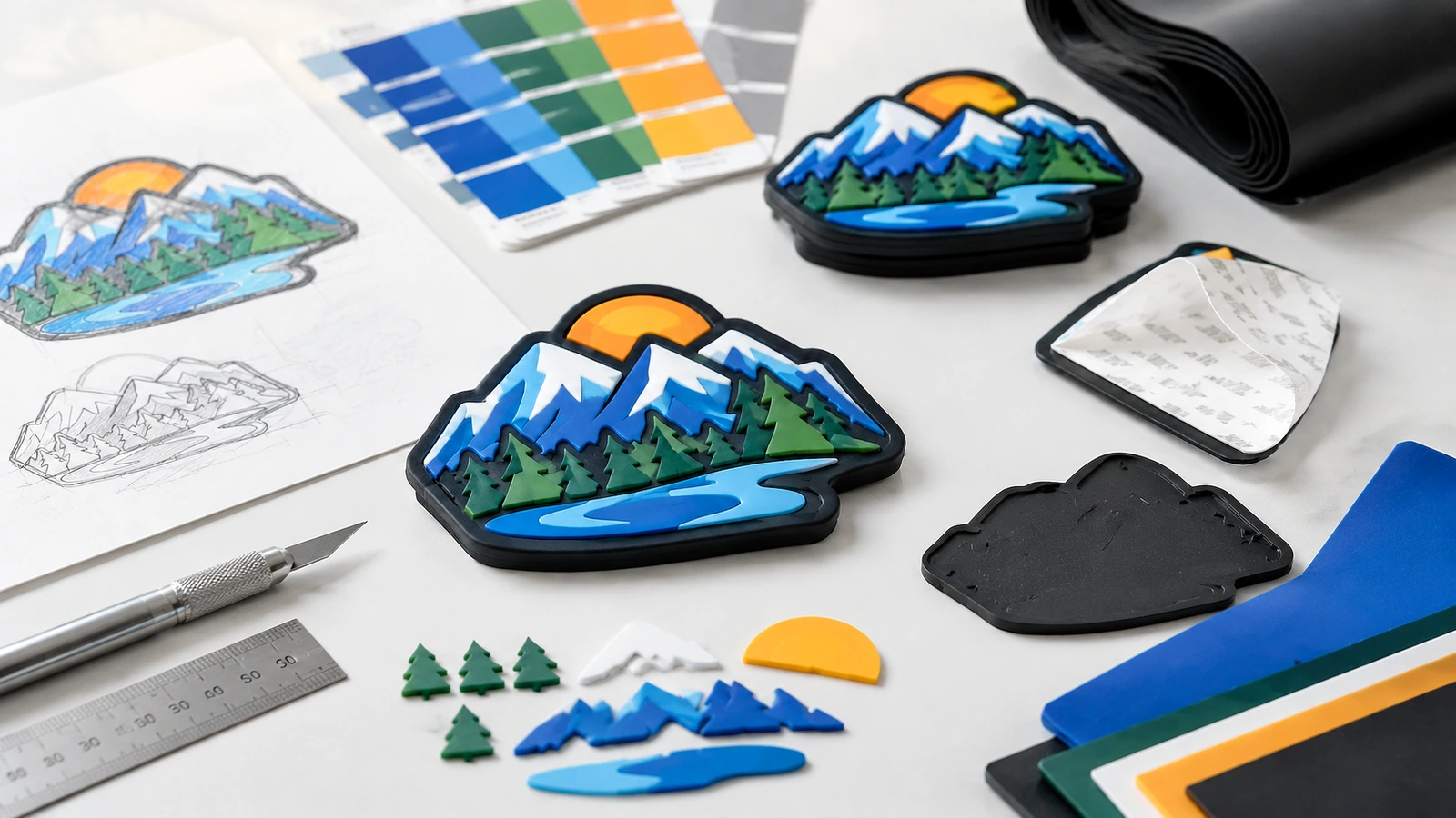 Étiquettes PVC souple au design montagne, visuels, nuanciers de couleurs et outils disposés sur une table de travail