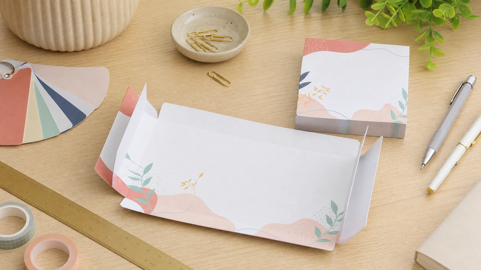 Blocs-notes imprimés à motifs floraux et feuilles de papier pliées avec stylos et nuanciers de couleurs sur un bureau