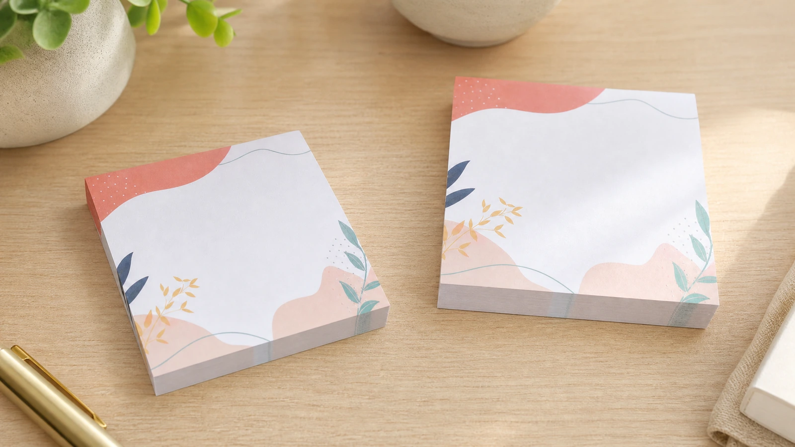 Deux blocs-notes imprimés à motifs floraux à côté de stylos sur un bureau en bois