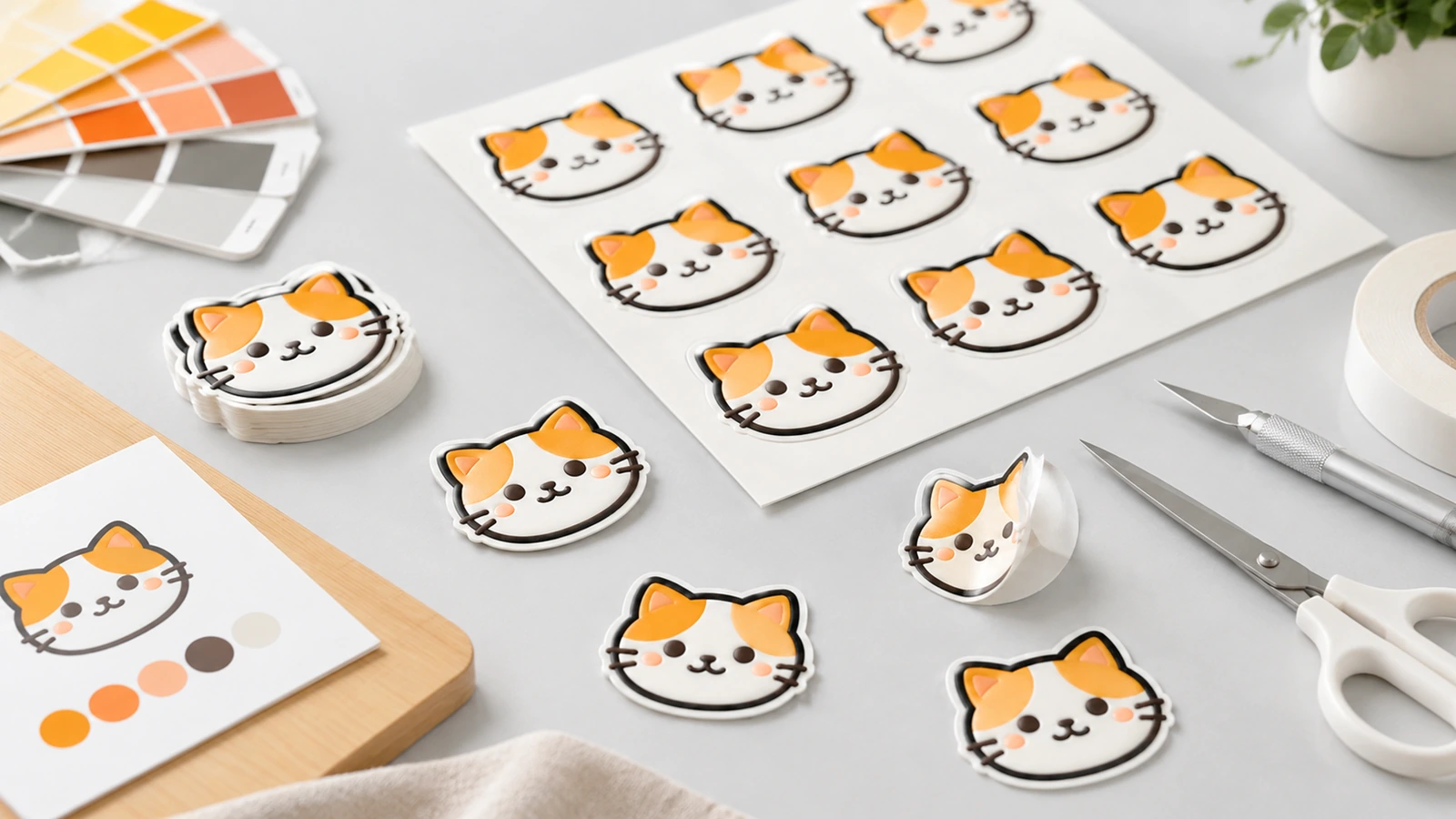 Autocollants visage de chat sur planches et à l'unité, à côté de nuanciers de couleurs et d'outils d'artisanat