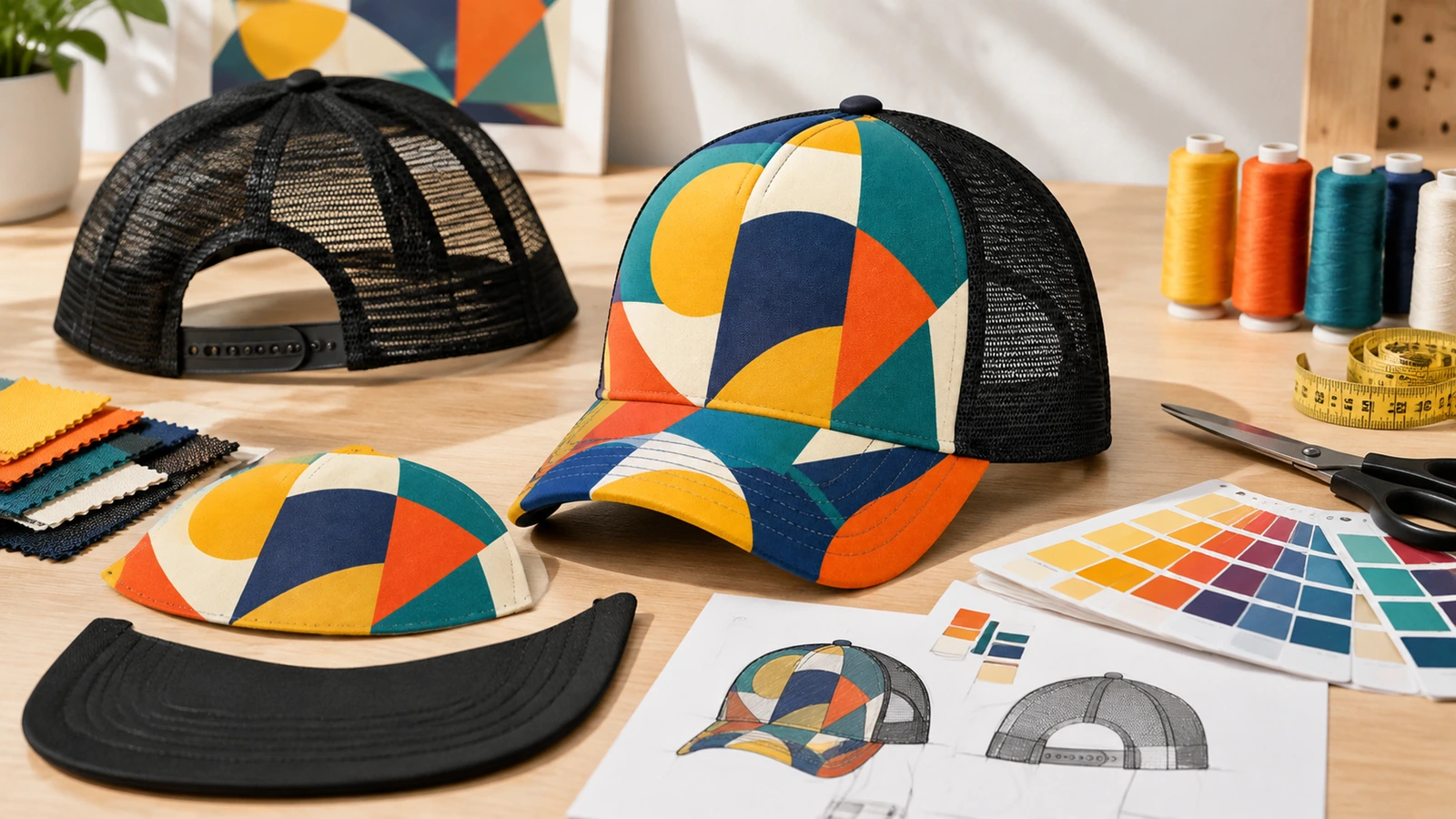 Casquettes à dos en mesh à motif géométrique, à côté des éléments de casquette, nuanciers de fil et de couleurs