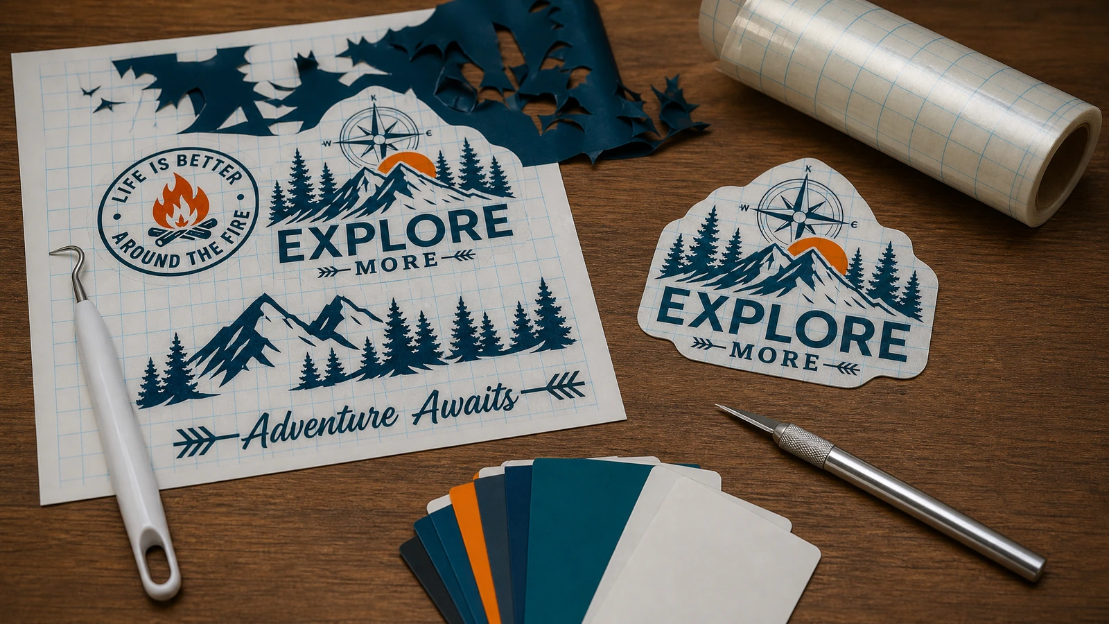 Visuels de décalques sur le thème de la montagne et du camping, échantillons de films colorés, rouleau de ruban quadrillé et outils d'artisanat sur une table en bois