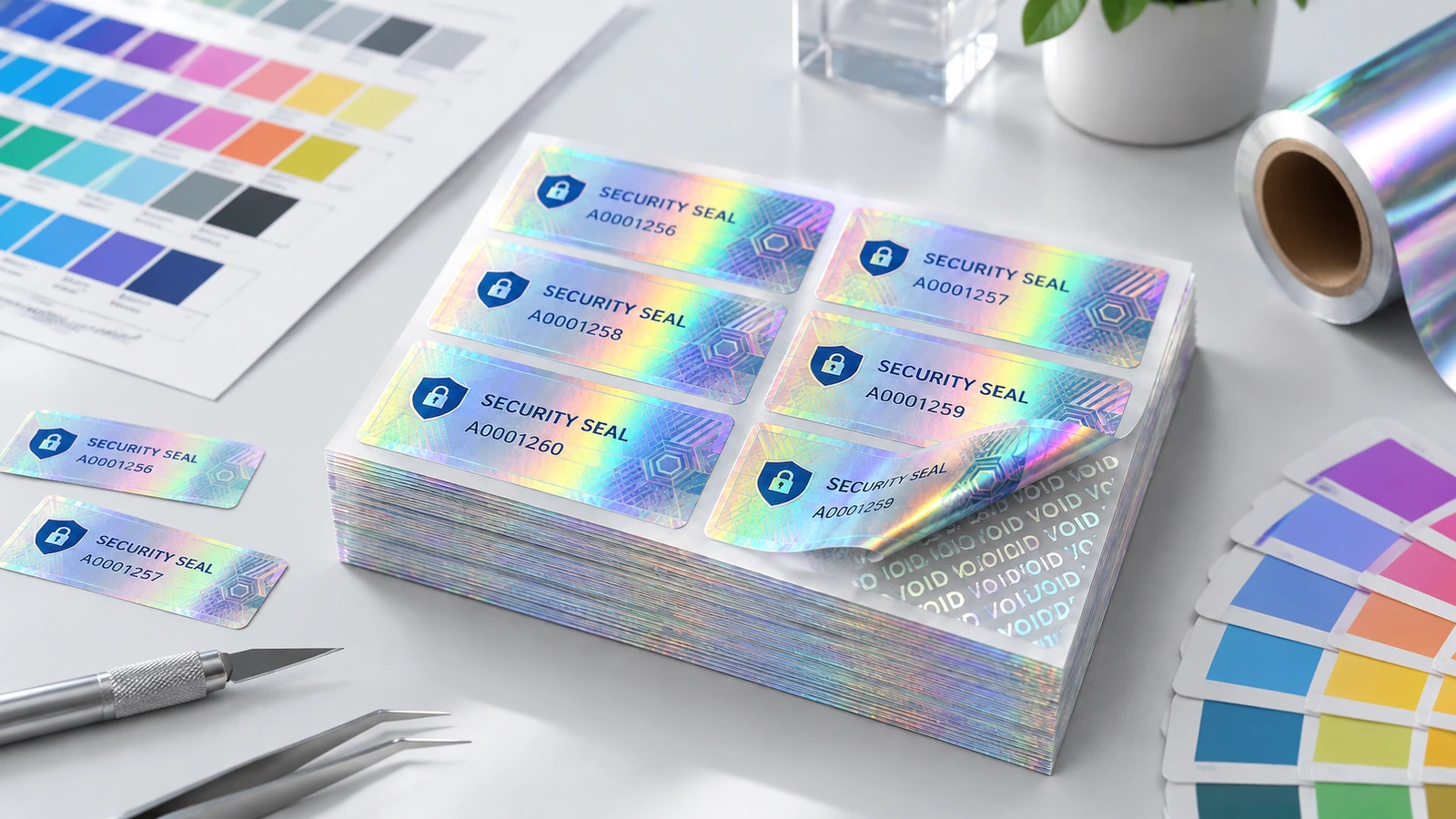 Feuilles empilées d'étiquettes de sécurité holographiques à côté de nuanciers de couleurs, avec un coin décollé montrant un motif VOID