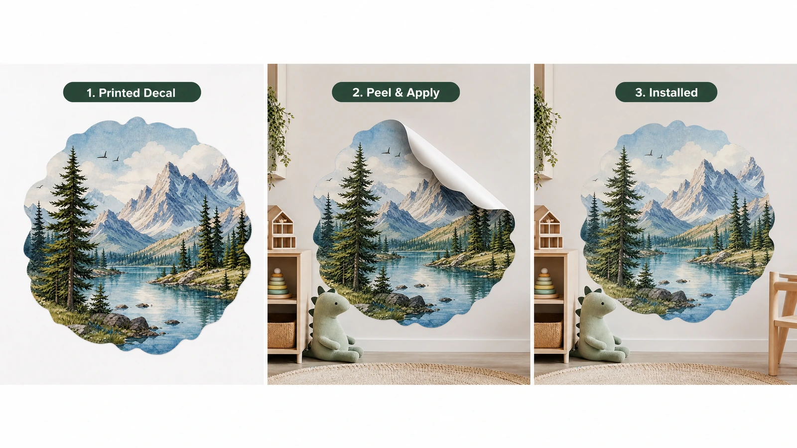 Illustration en 3 panneaux montrant une décalcomanie montagne et lac imprimée, l'étape de décollage et de pose, et le résultat installé