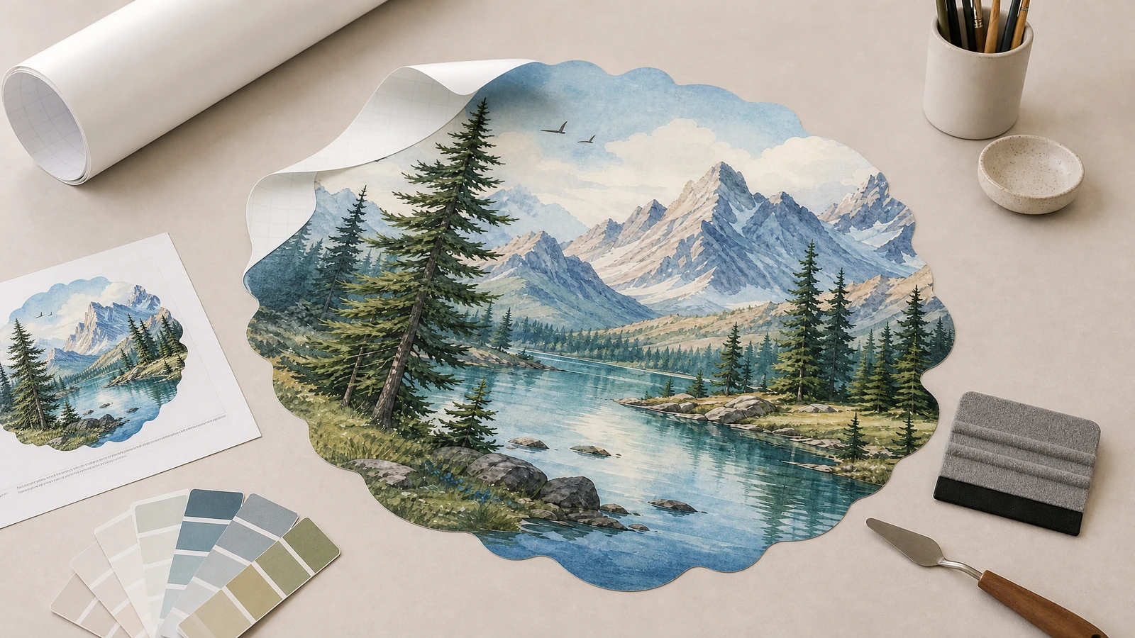Décalcomanie murale montagne et lac sur un plan de travail, avec un échantillon imprimé, des nuanciers de couleurs et une raclette