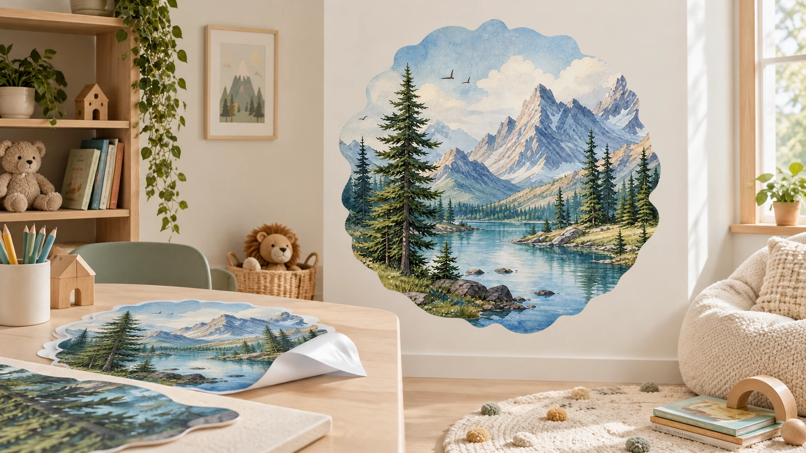 Décalcomanie montagne et lac posée sur le mur d'une chambre d'enfant, avec des planches de décalcomanies assorties sur la table