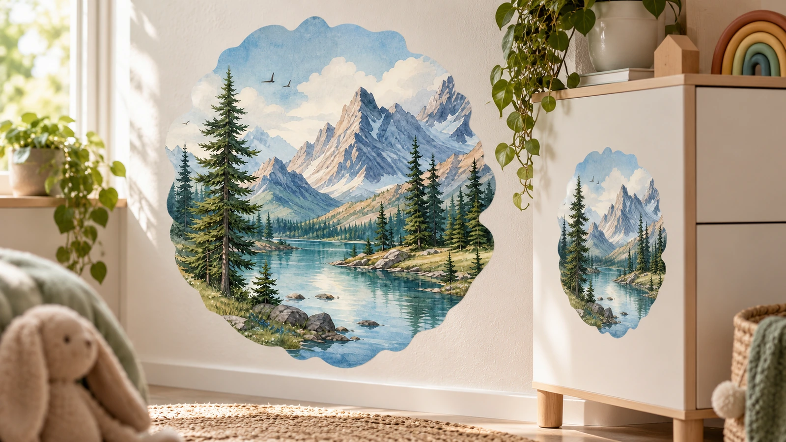 Décalcomanies montagne et lac posées sur un mur et une armoire dans une chambre d'enfant