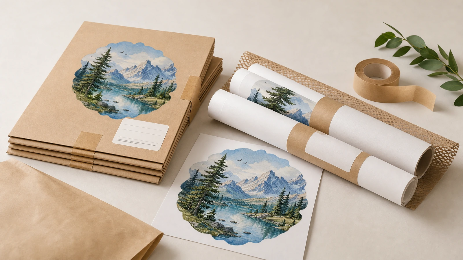 Paquets de carton à plat, impressions roulées avec bandes kraft et échantillon de décalcomanie montagne et lac sur une table