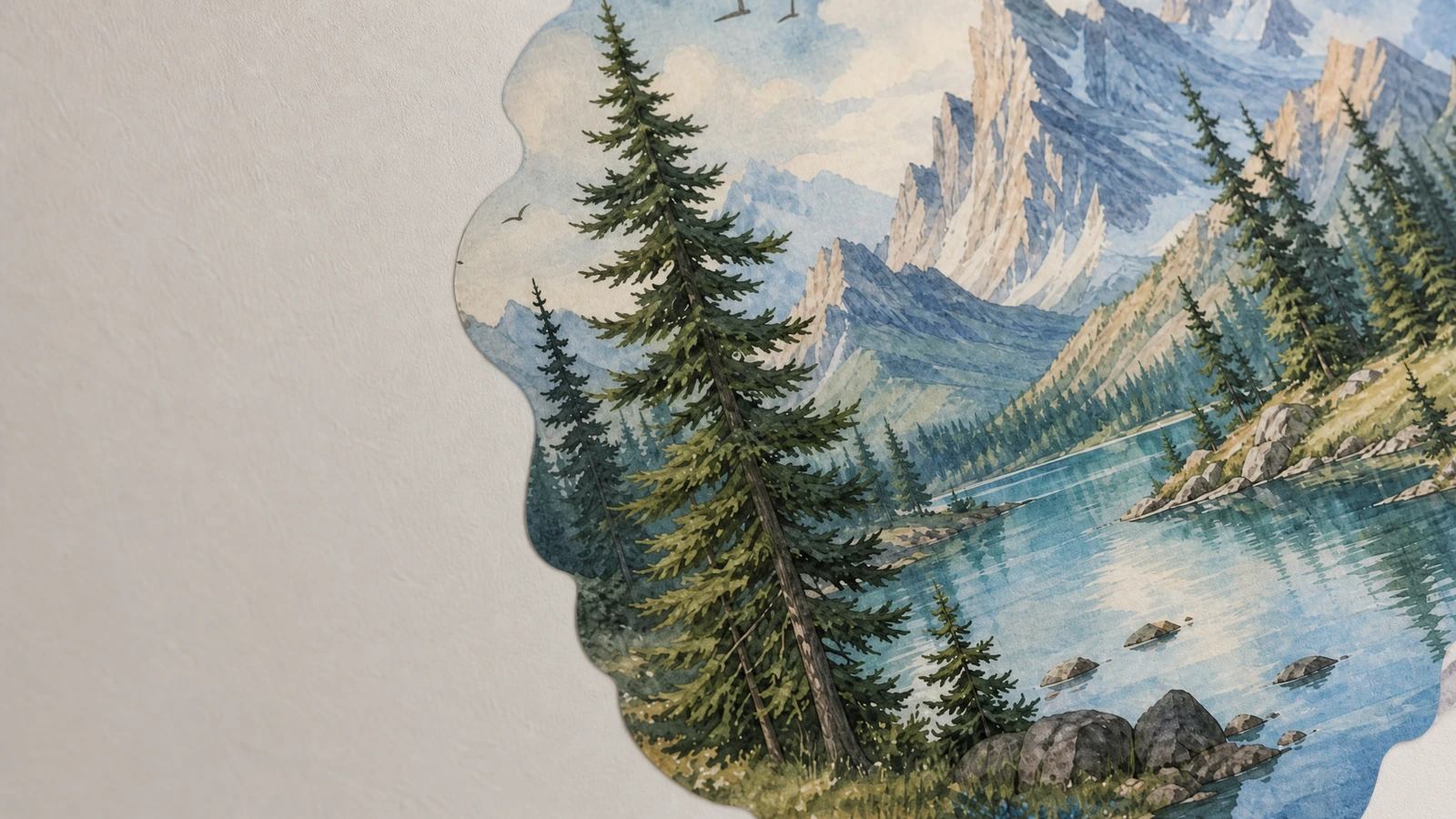 Gros plan d'une décalcomanie montagne et lac montrant des conifères, des pics rocheux et une rive de lac