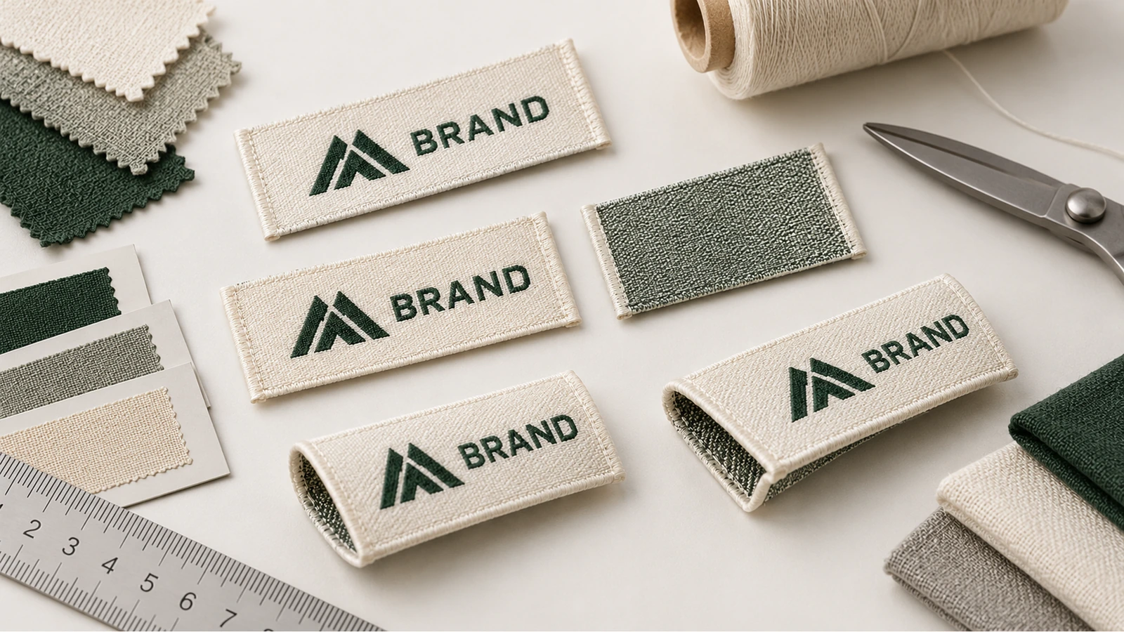 Étiquettes de marque tissées à plat et pliées à côté d'échantillons de tissu, de fil, de ciseaux et d'une règle