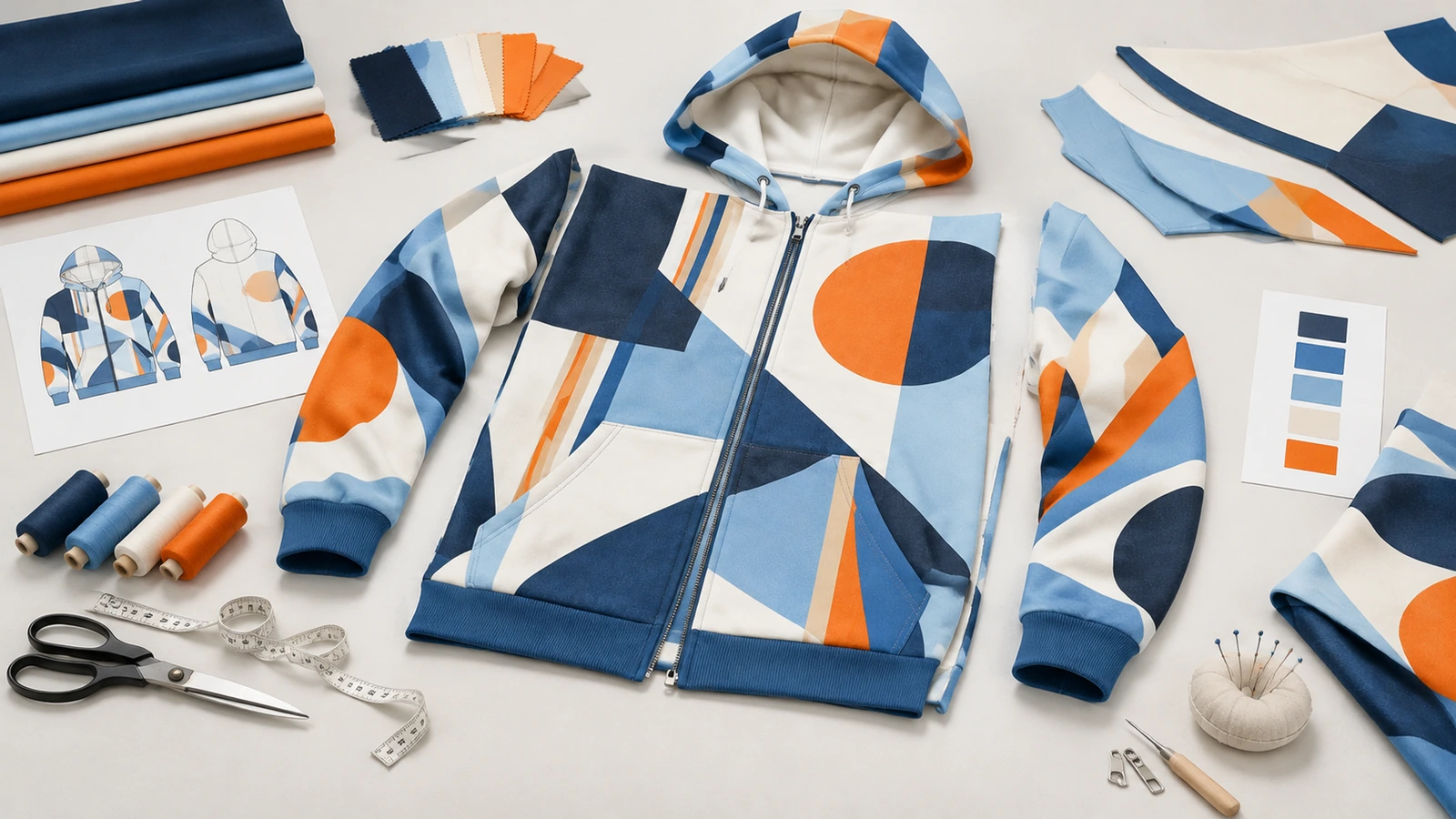 Sweat à capuche zippé géométrique bleu, orange et blanc entouré d'échantillons de tissu, de fil et d'outils de couture