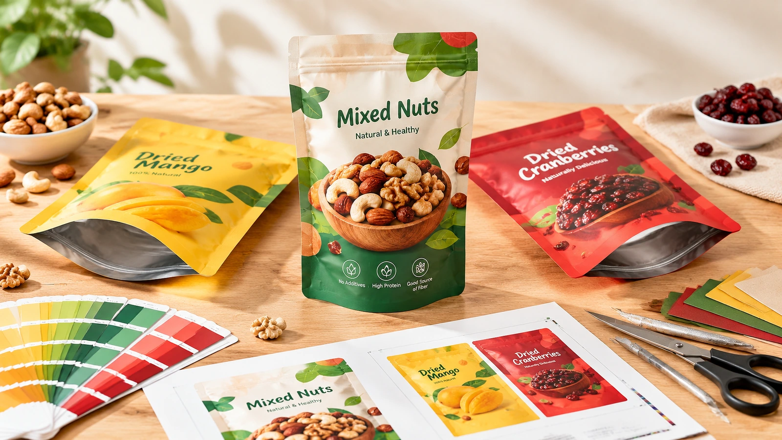 Sachets imprimés de mélange de fruits à coque et de fruits secs, à côté de nuanciers couleur et de maquettes graphiques