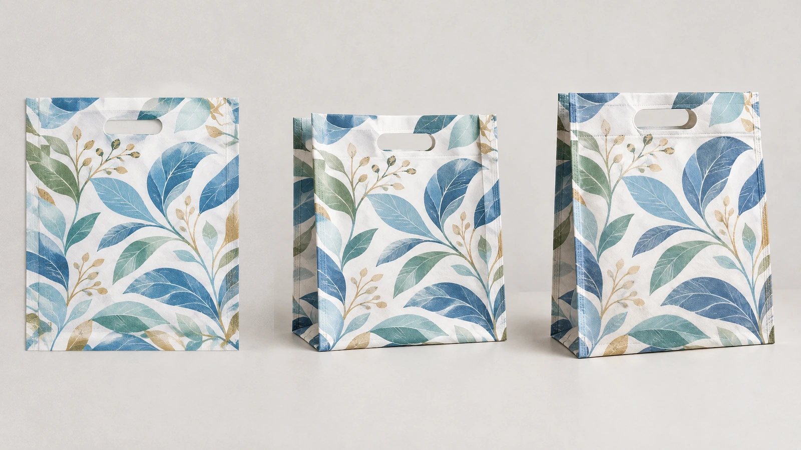 Trois sacs D-cut à motif de feuilles présentés debout
