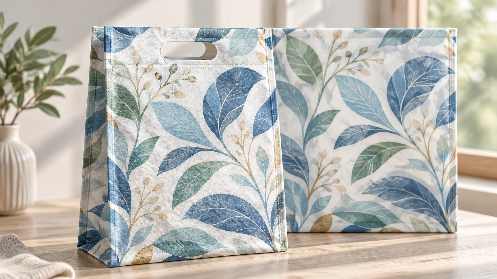 Deux sacs D-cut à motif de feuilles posés sur une table en bois ensoleillée