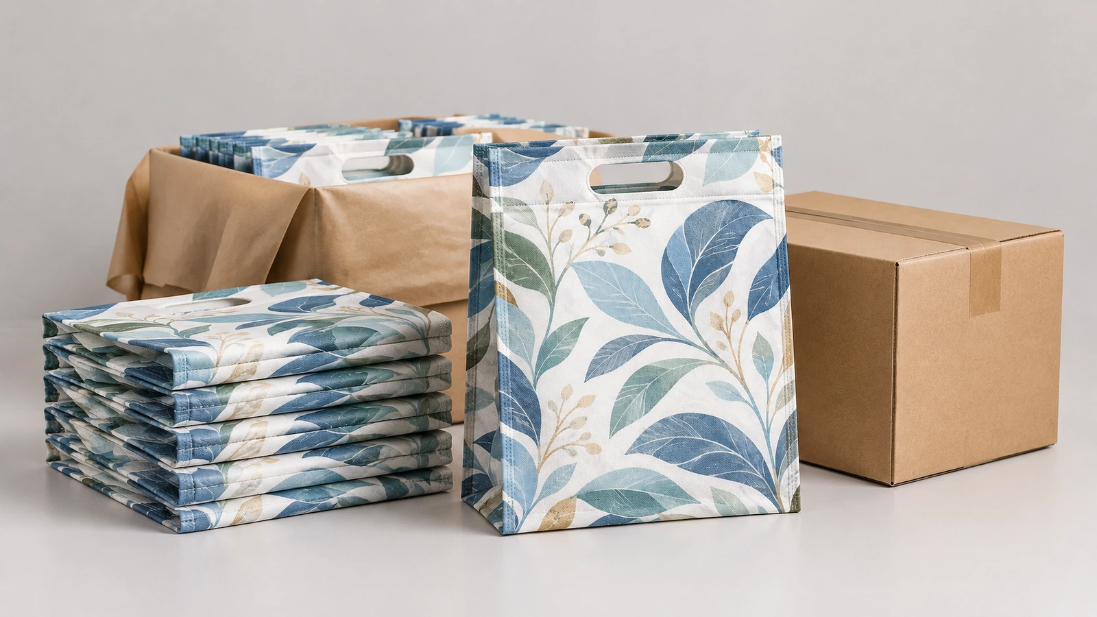 Sac D-cut à motif de feuilles debout et sacs pliés à côté de cartons d'emballage