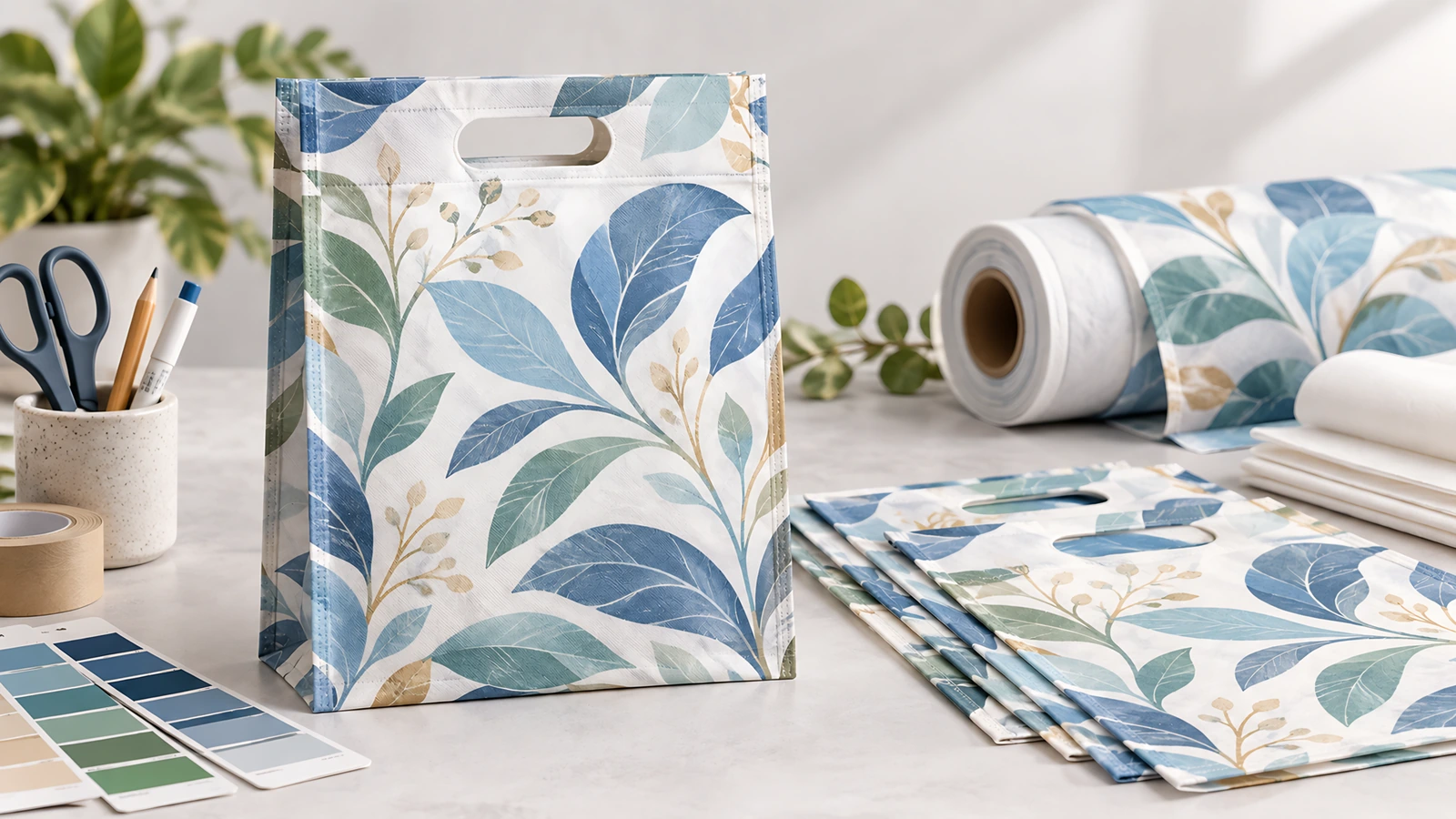 Sac D-cut à motif de feuilles bleu et vert, avec rouleaux de matériau imprimé, sacs empilés et nuanciers