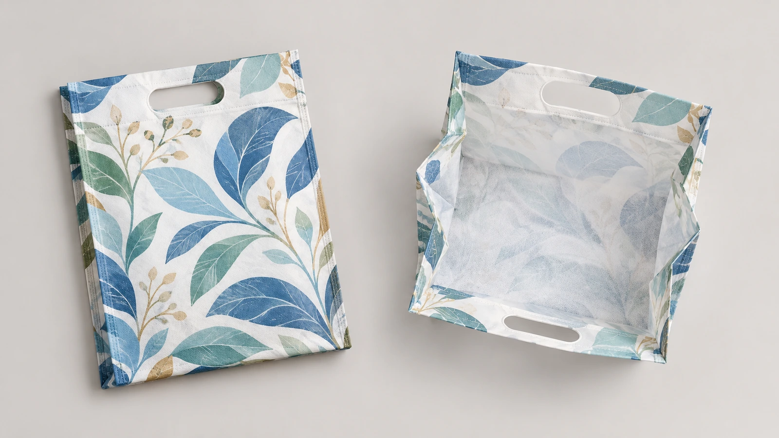 Vues de face et ouverte d'un sac D-cut à motif de feuilles
