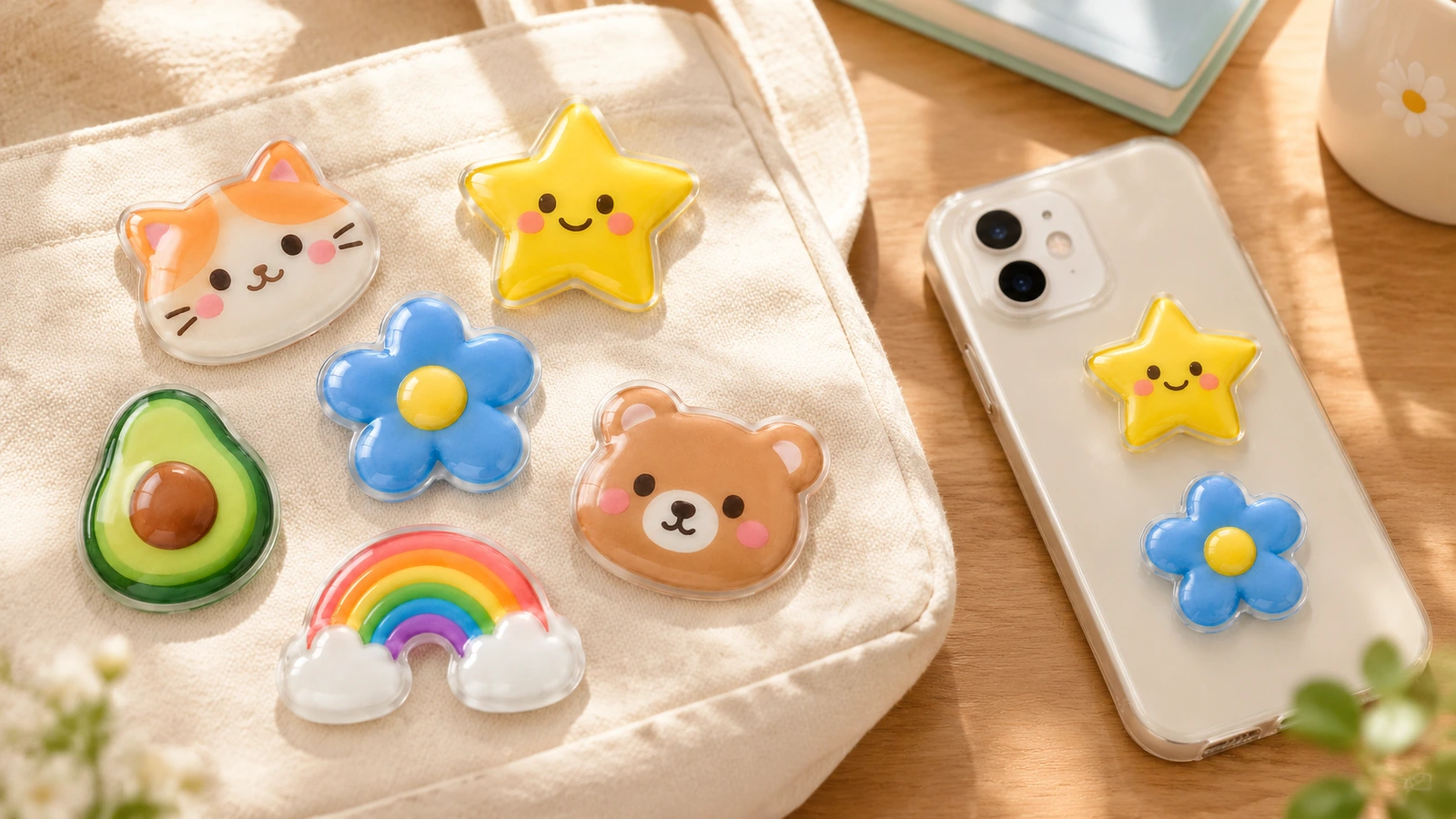 Autocollants bombés colorés aux motifs chat, étoile, fleur, ours, avocat et arc-en-ciel, exposés sur un sac en tissu à côté d’une coque de téléphone décorée