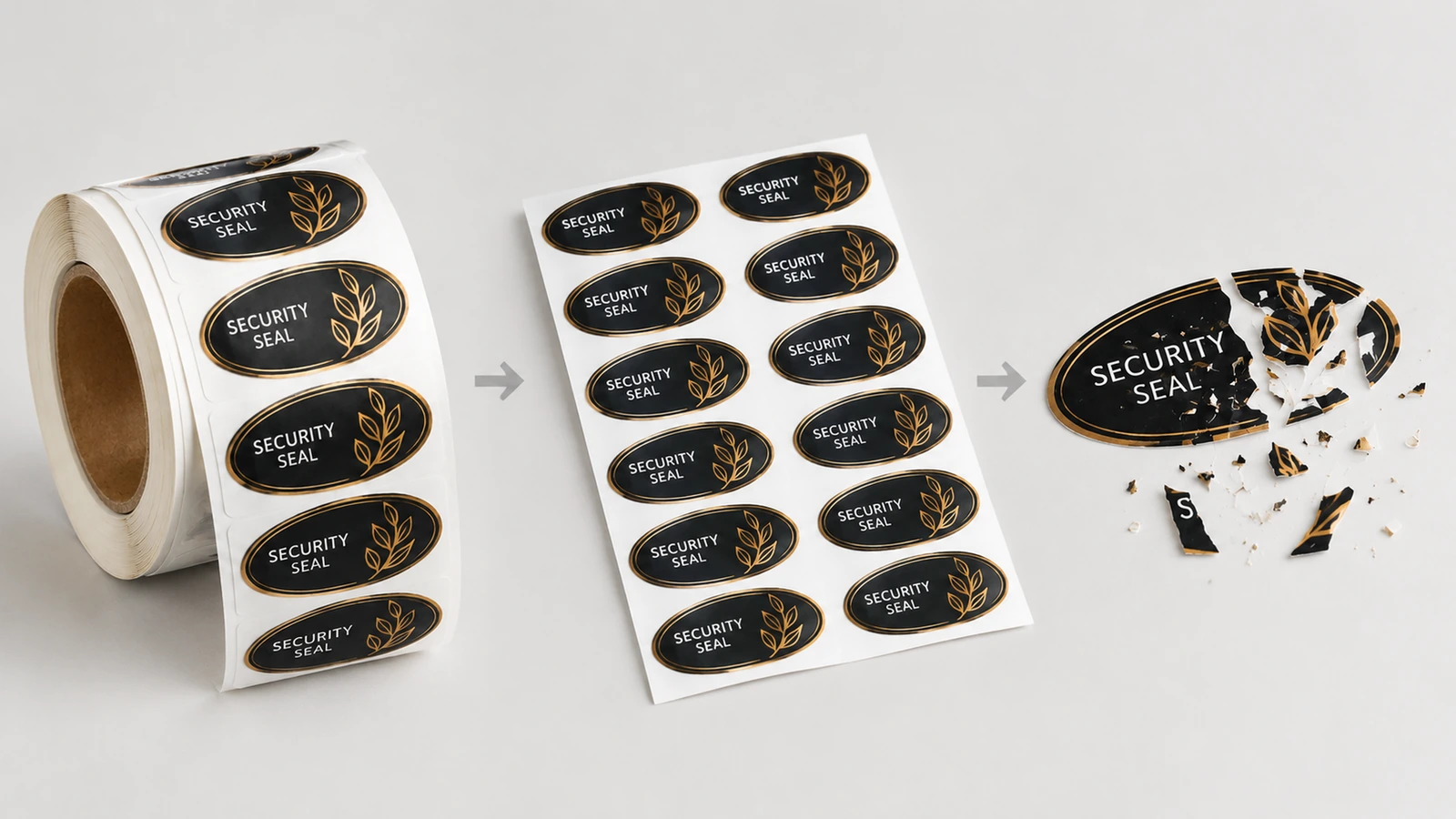 Rouleau d'étiquettes de sécurité, feuille et étiquette fragmentée disposés de gauche à droite