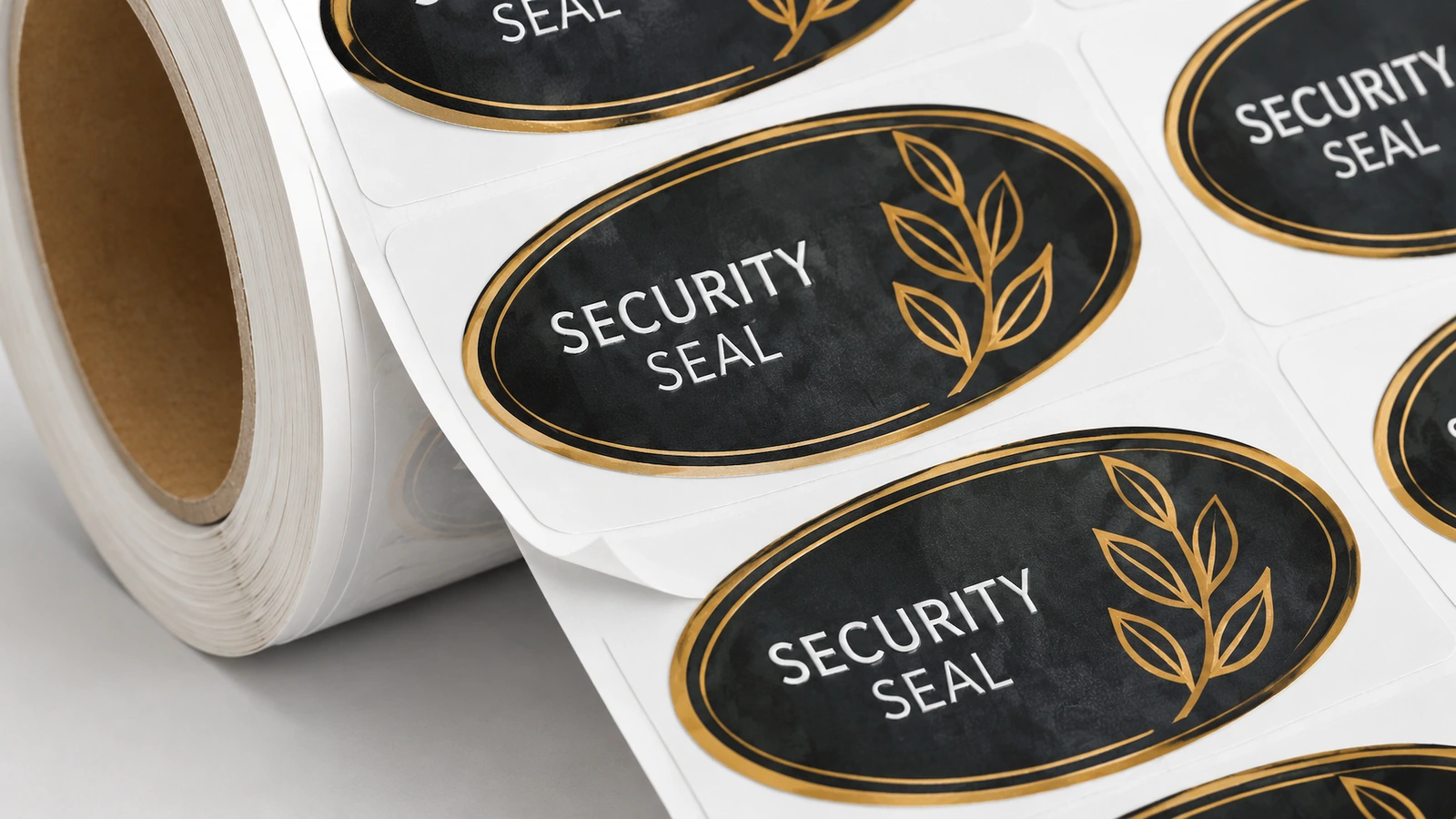 Gros plan d'étiquettes de sécurité ovales noir et or sur un support de protection blanc