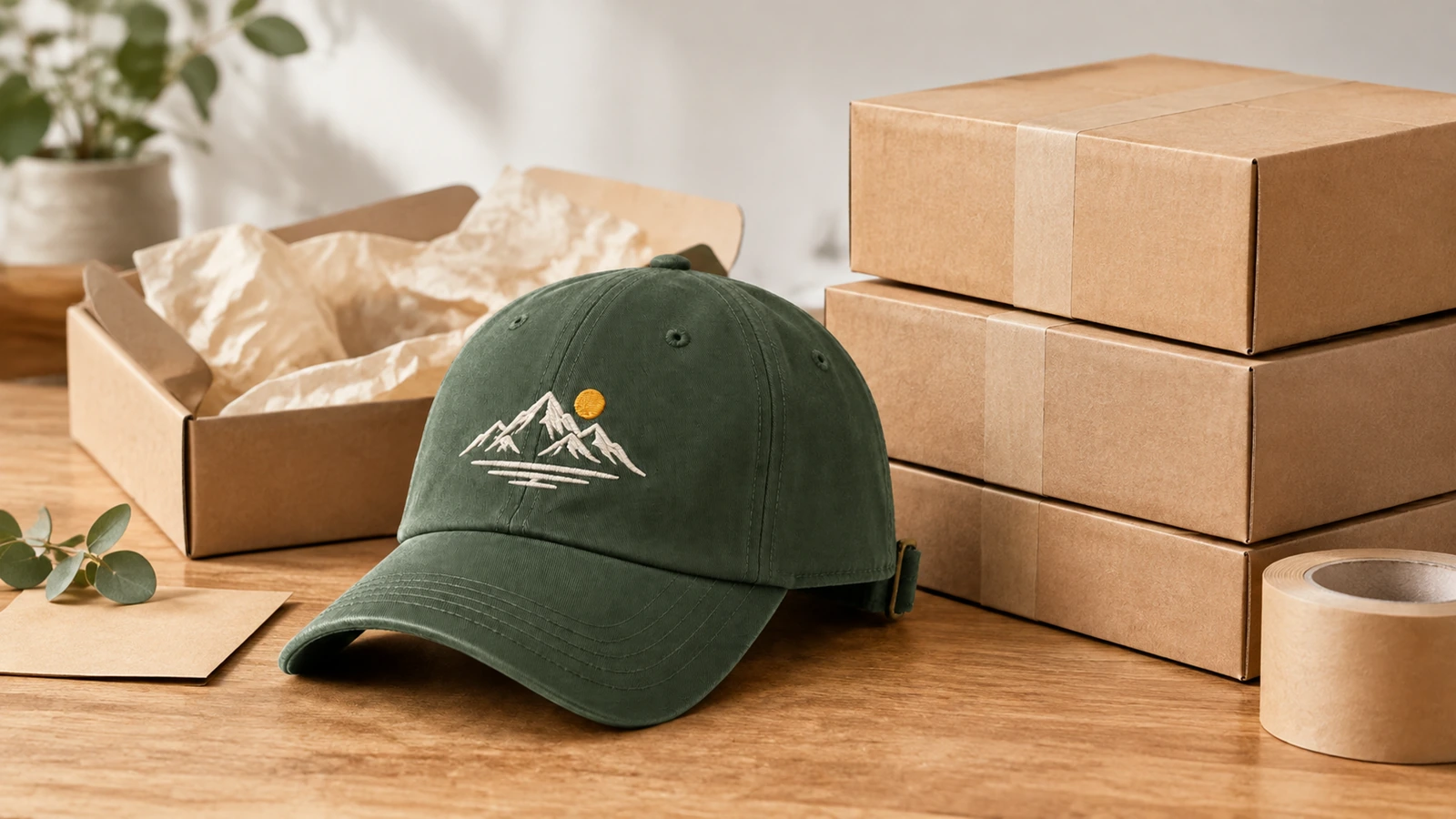 Casquette brodée verte à côté de cartons et de papier d'emballage