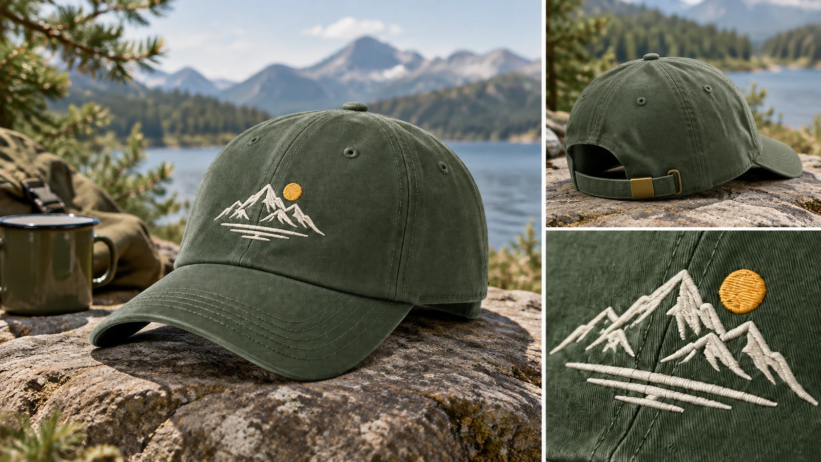 Présentation de casquettes en extérieur avec sangle arrière incrustée et gros plans de la broderie