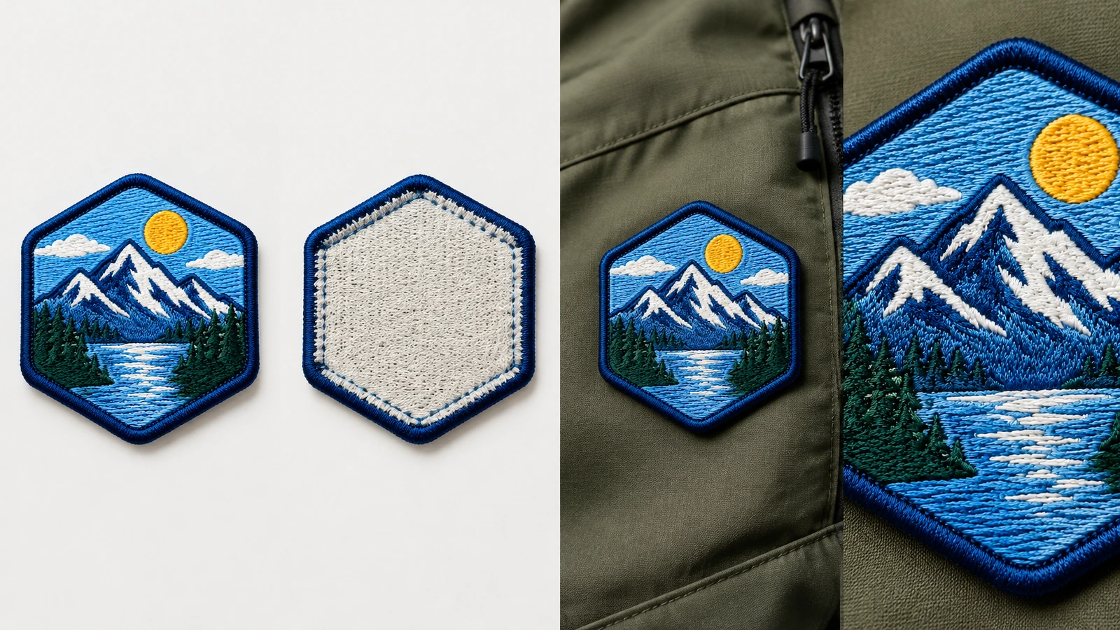 Collage montrant la face et l'envers d'un écusson, ainsi que son placement sur une veste