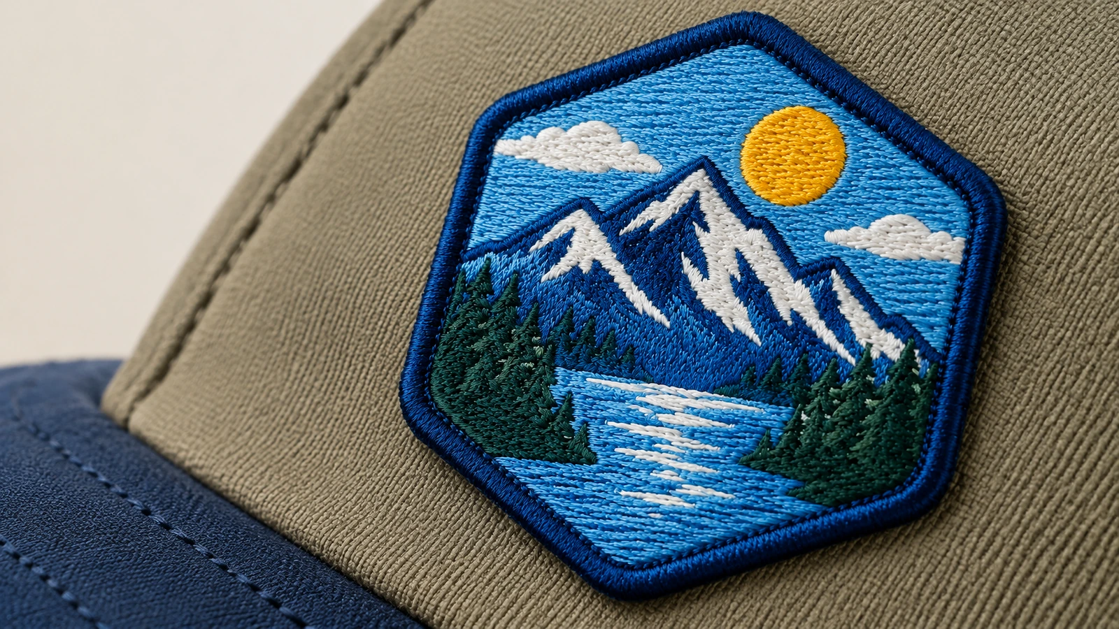 Gros plan d'un écusson brodé à scène de montagne sur une casquette en tissu olive