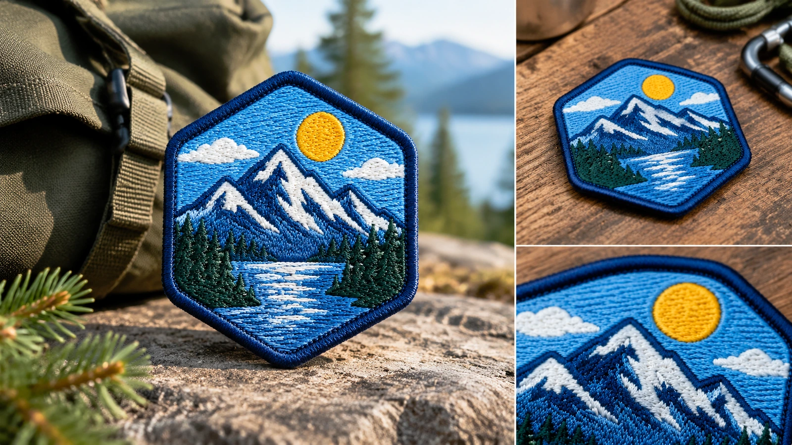 Collage d'un écusson montagne en extérieur, sur bois, et gros plan sur le point de broderie
