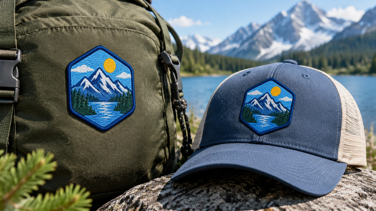 Écussons montagne assortis sur un sac à dos et une casquette, près d'un lac
