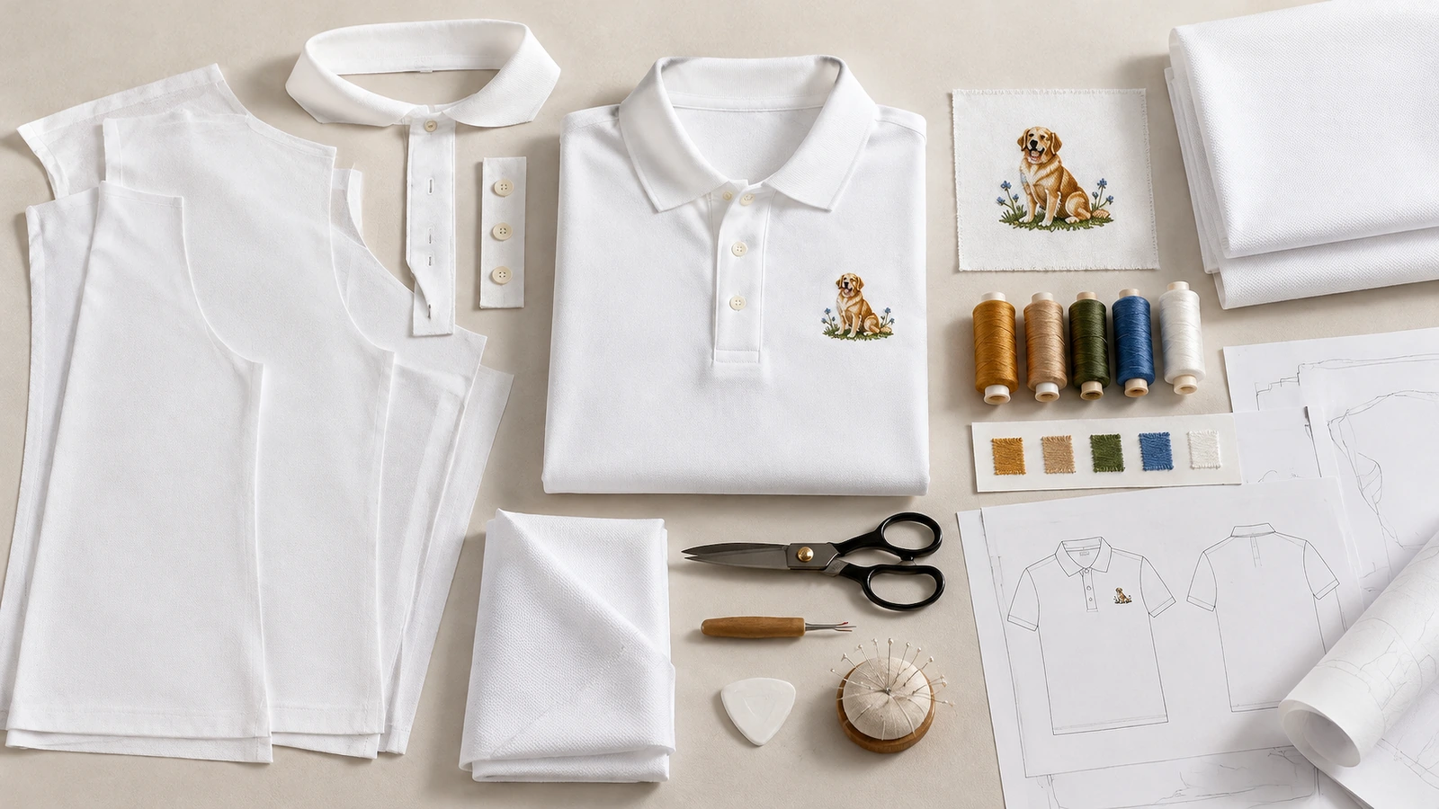 Polo blanc, morceaux de tissu, bobines de fil à broder, ciseaux et échantillon au motif de chien disposés sur un plan de travail