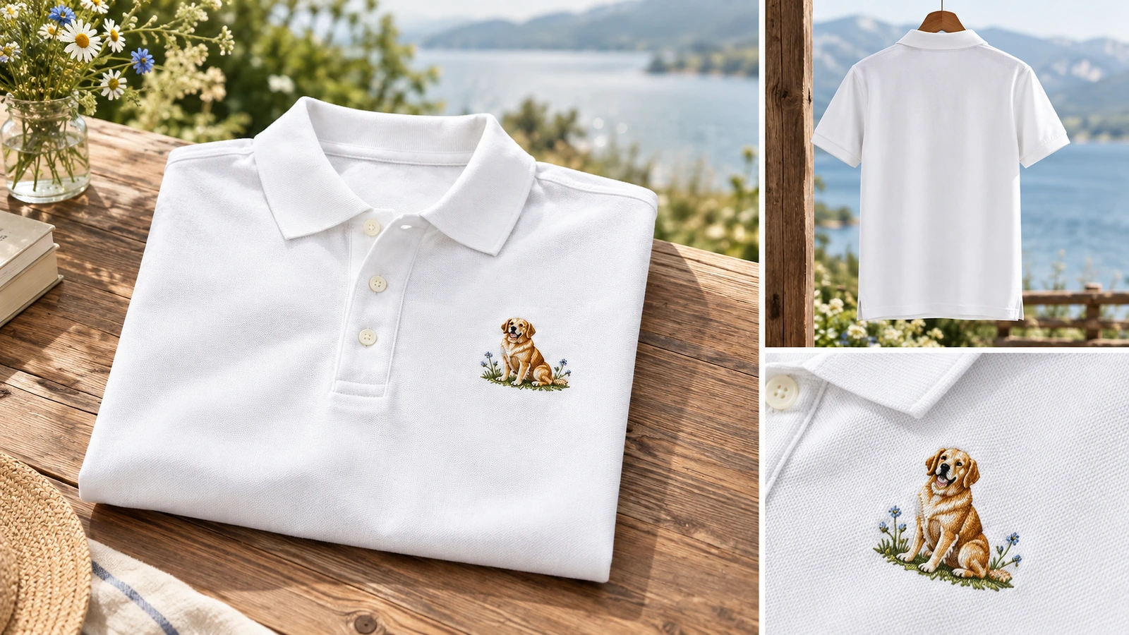 Collage d'un polo brodé plié en extérieur, d'une vue arrière suspendue et d'un gros plan sur le motif de chien