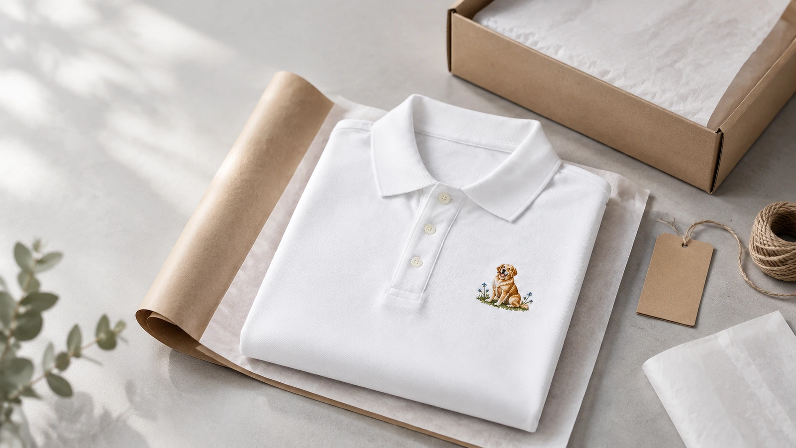 Polo blanc brodé plié sur papier kraft d'emballage, à côté d'une boîte et d'une étiquette vierge