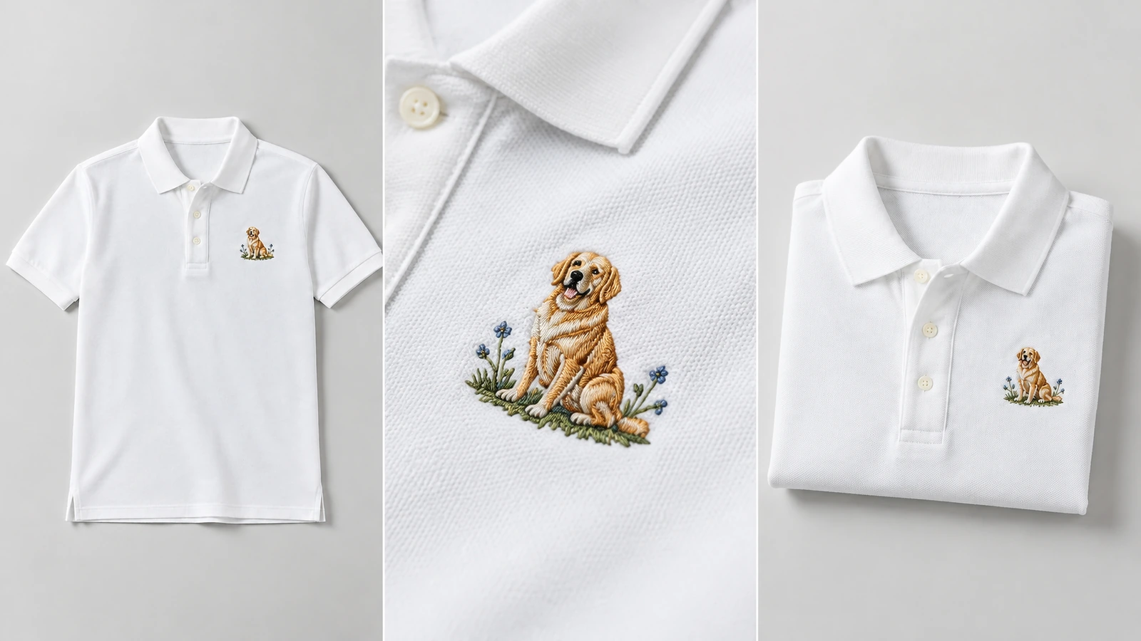 Collage d'un polo blanc présenté en pied, plié et en gros plan sur la broderie