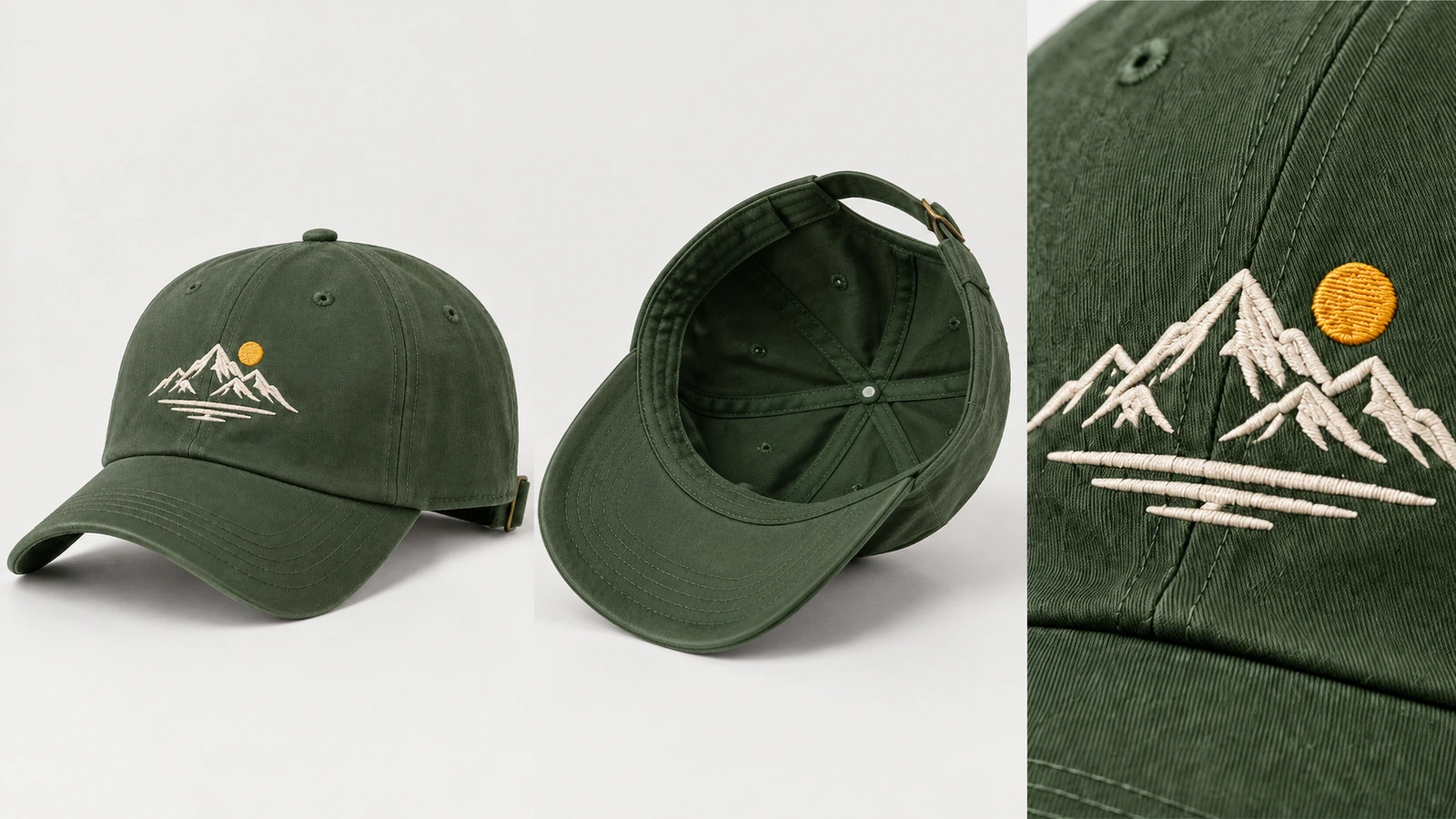 Vues avant et intérieure de la casquette à côté d'un gros plan de la broderie