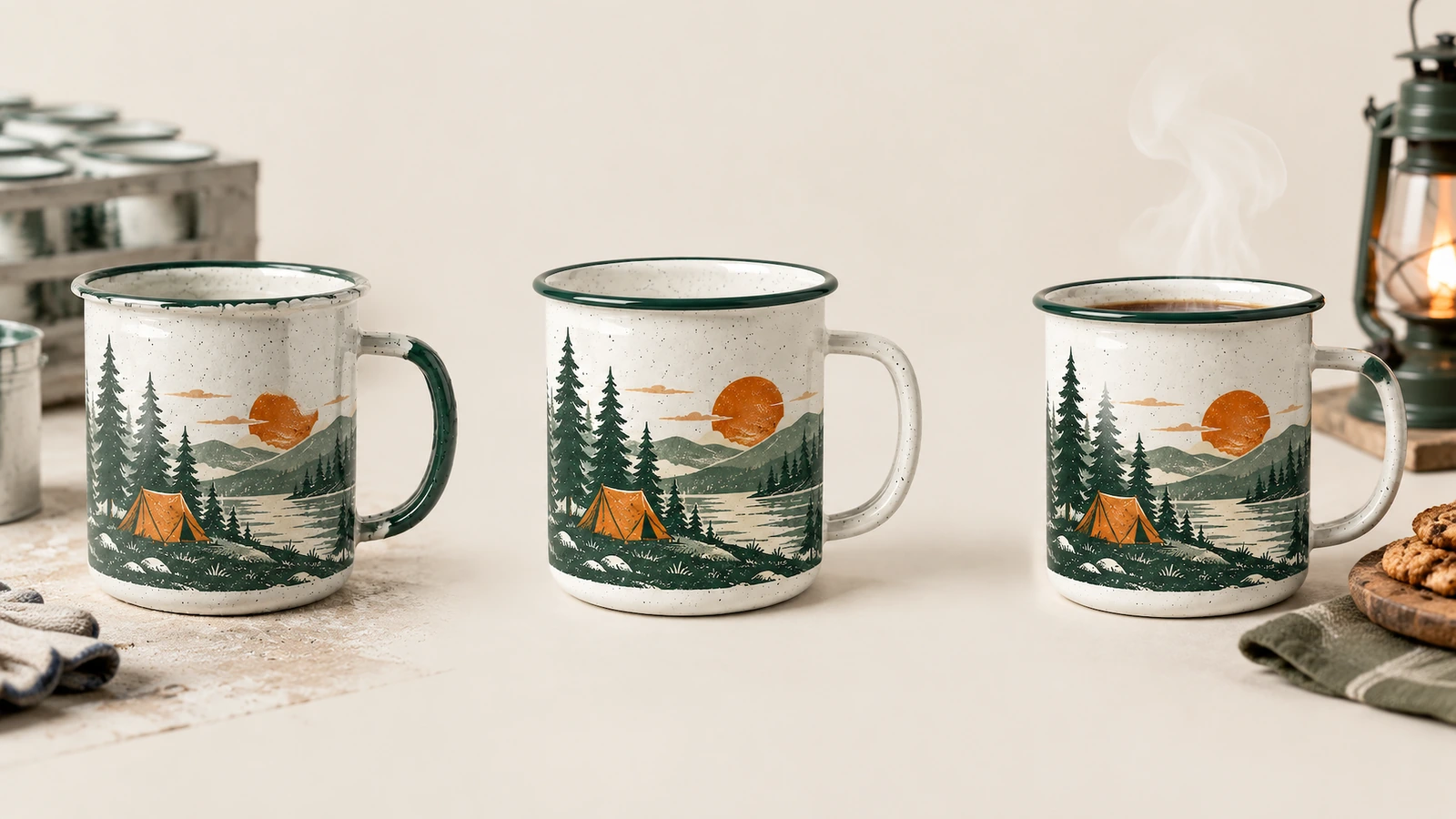 Trois tasses au motif camping sur un comptoir, à côté du matériel à café